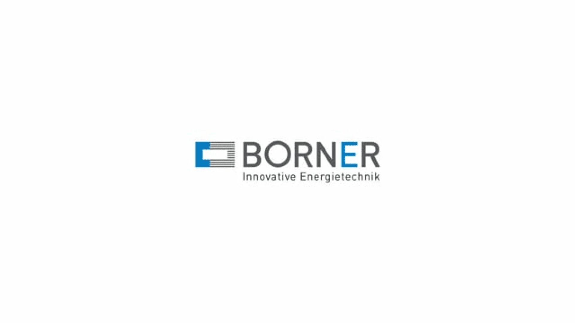 Logo für BORNER Innovative Energietechnik. Das Design umfasst ein blaues und graues abstraktes quadratisches Symbol auf der linken Seite, mit BORNER in fetten Buchstaben und dem Slogan darunter in kleinerer Schrift.
