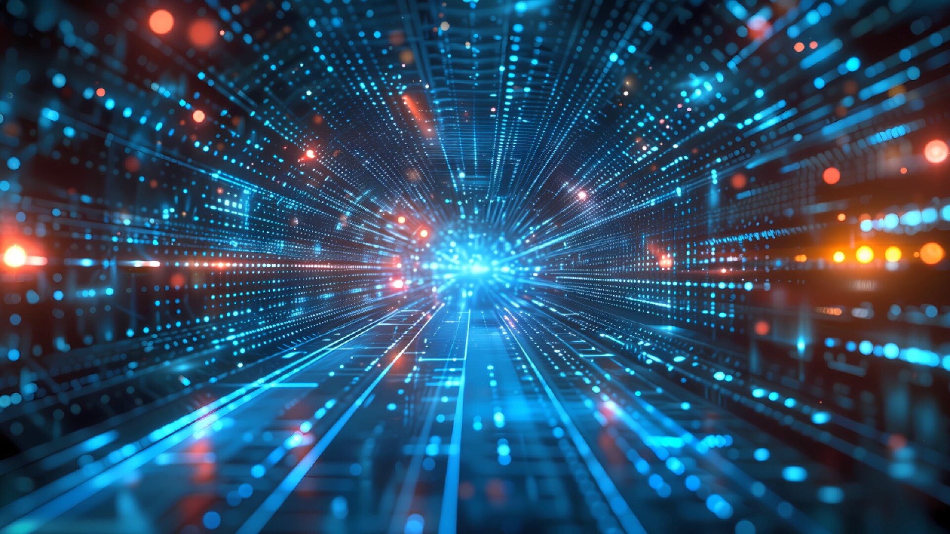 A digital abstract image showing a glowing tunnel of blue and orange lights, resembling streams of data moving rapidly through a futuristic virtual environment.
