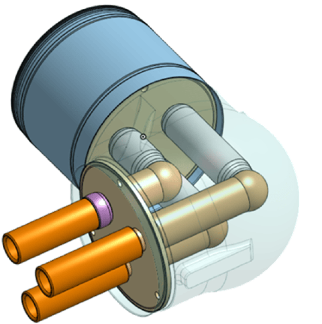 3D-Rendering eines mechanischen Bauteils mit zylindrischen Rohren und Verbindungsstücken in Orange und Grau, die an einem blauen und transparenten runden Gehäuse befestigt sind. Die Rohre gehen von einer runden Grundplatte mit sichtbaren inneren Strukturen aus.