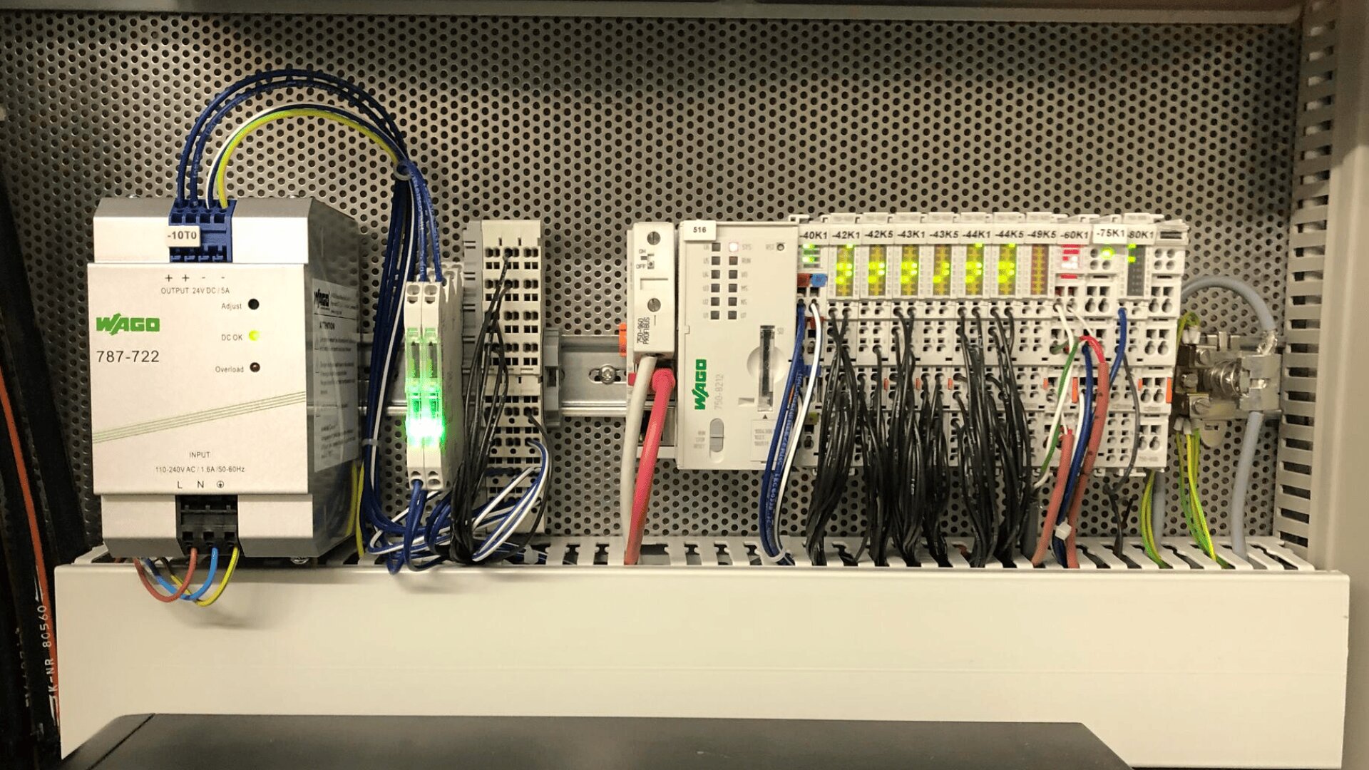 Ein Schaltschrank mit verschiedenen Komponenten der WAGO-Industrieautomation, einschließlich Stromversorgung, Relais, Steckern und Verdrahtung, übersichtlich auf einer Lochblechrückwand montiert.