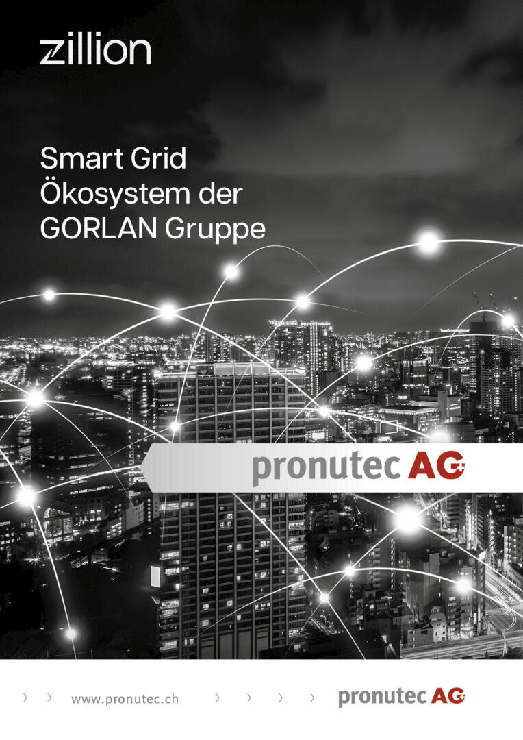 Ein nächtliches Stadtbild mit beleuchteten Gebäuden und leuchtenden Linien, die ein Smart-Grid-Netzwerk darstellen. Der eingeblendete Text lautet: „Smart-Grid-Ökosystem der GORLAN-Gruppe“ und „pronutec AG“. Die Logos von „zillion“ und „pronutec AG“ sind zu sehen.