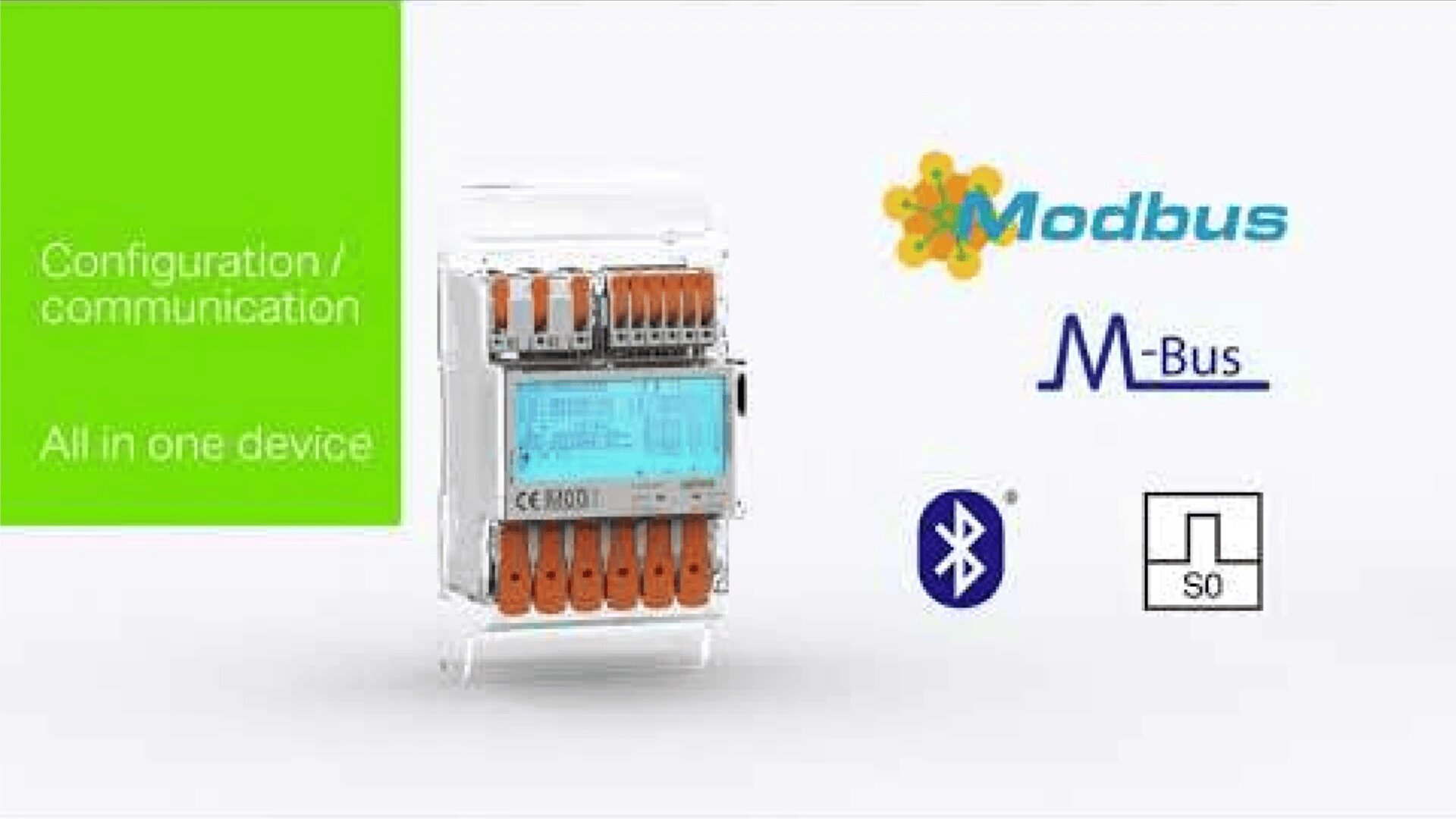 A transparent electronic device with orange connectors and a blue screen is shown. Text reads Configuration/communication. All in one device. Logos for Modbus, M-Bus, Bluetooth, and SO are displayed.