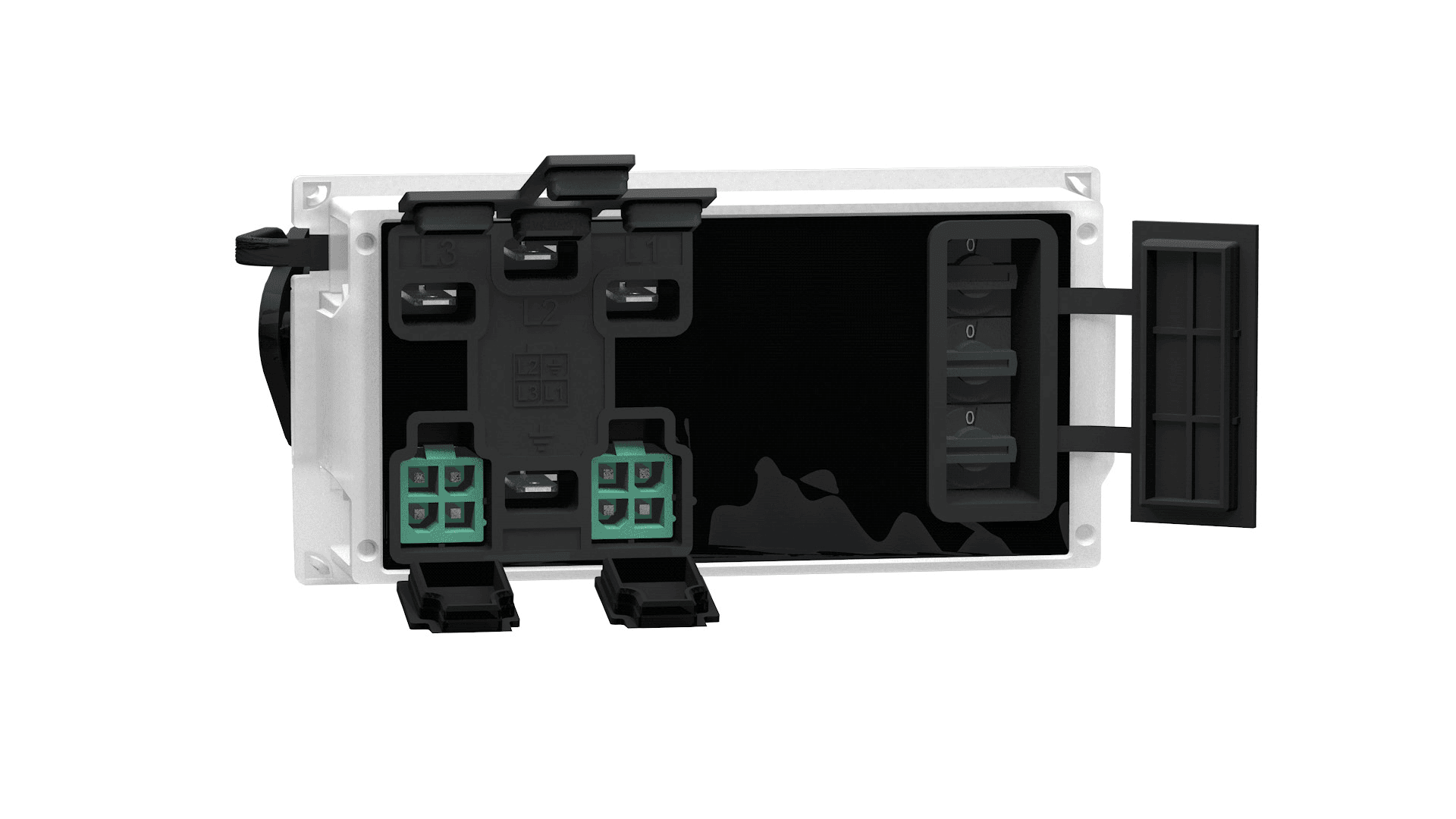 Ein rechteckiges elektronisches Gerät mit glänzender schwarzer Oberfläche, weißem Rahmen und mehreren schwarzen und grünen Anschlüssen auf der Vorderseite, dargestellt mit einer offenen Zugangsklappe auf der rechten Seite.