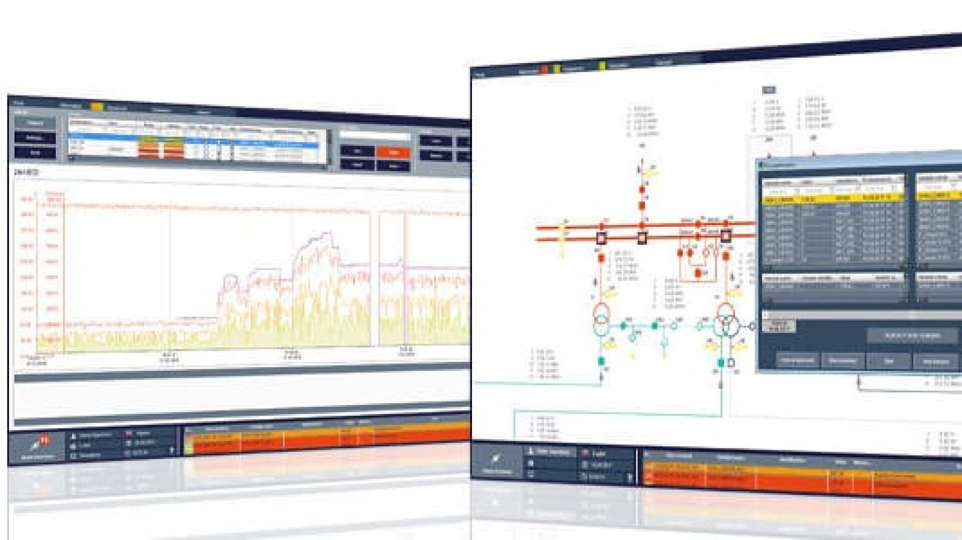 Auf zwei Computerbildschirmen werden technische Software-Schnittstellen mit Diagrammen, Datentabellen und einem schematischen Diagramm mit miteinander verbundenen Knoten, Linien und verschiedenen farbigen Indikatoren angezeigt.