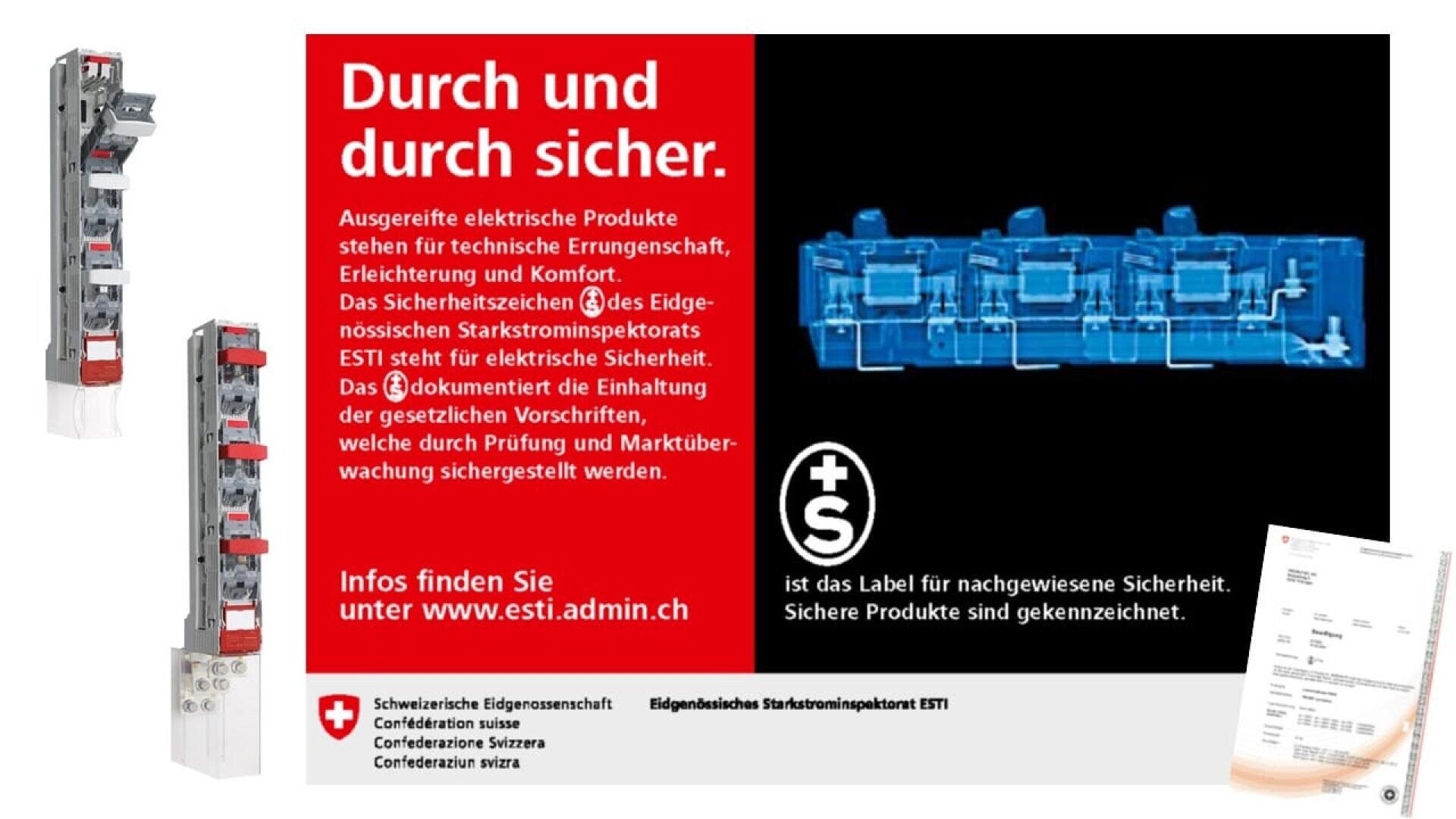 Eine deutschsprachige Sicherheitsanzeige zeigt gekennzeichnete elektrische Produkte, einen Bauplan und das ESTI-Sicherheitszeichen. Der Text in Rot lautet: "Durch und durch sicher" und wirbt für zertifizierte, sichere Elektroprodukte in der Schweiz.