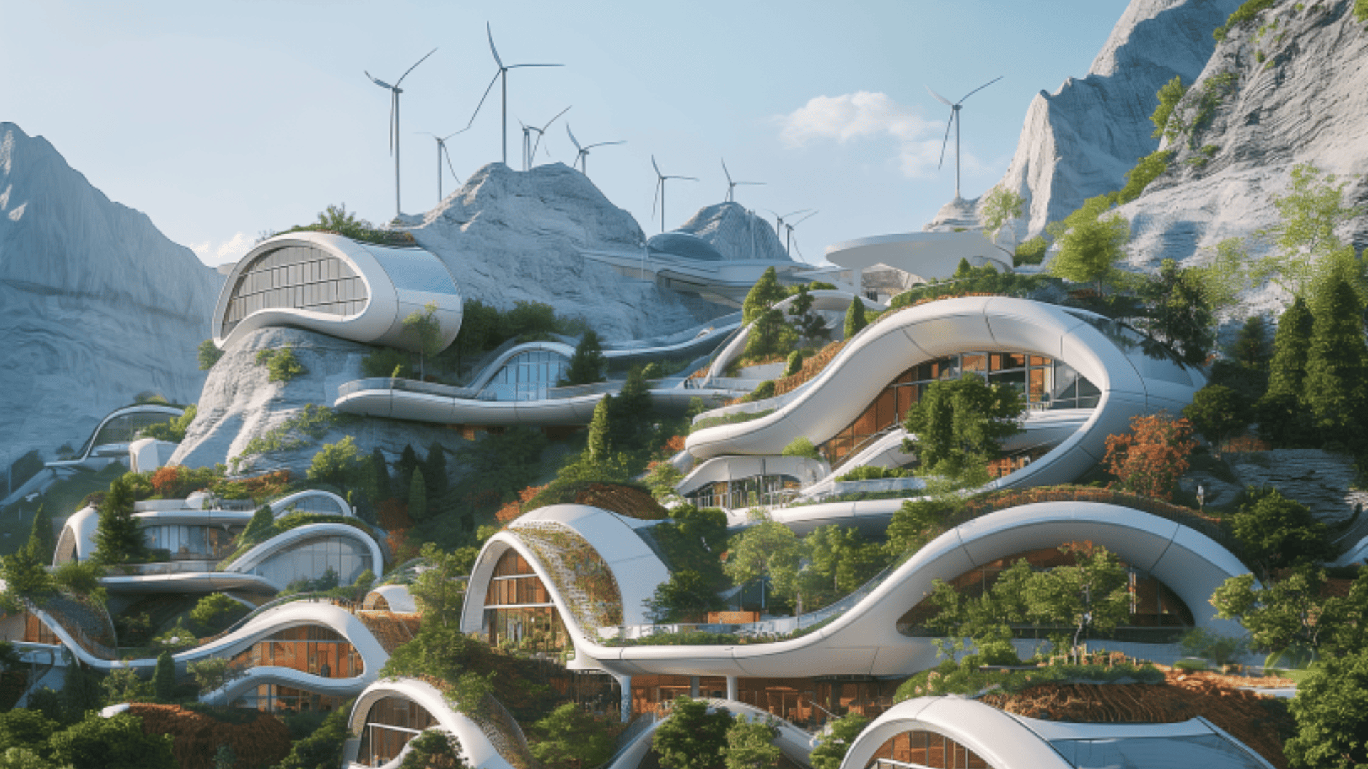 Futuristische, umweltfreundliche Gebäude mit geschwungenem, weißem Design sind in einen üppigen, grünen Berghang gebaut. Auf den Bergen stehen Windturbinen, und große Fenster lassen natürliches Licht herein, so dass die moderne Architektur mit der Natur verschmilzt.