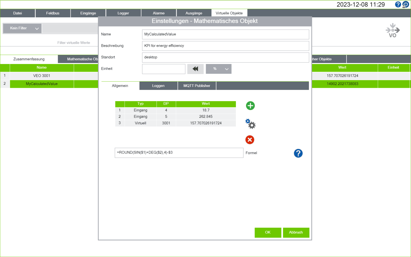 Eine Softwareschnittstelle zeigt Einstellungen für ein mathematisches Objekt mit dem Namen MyCalculatedValue, mit Feldern für Name, Beschreibung, Einheit und eine Formel. Eine Datentabelle listet ID, Typ und Wert auf. Die Uhrzeit und das Datum erscheinen in der oberen rechten Ecke.