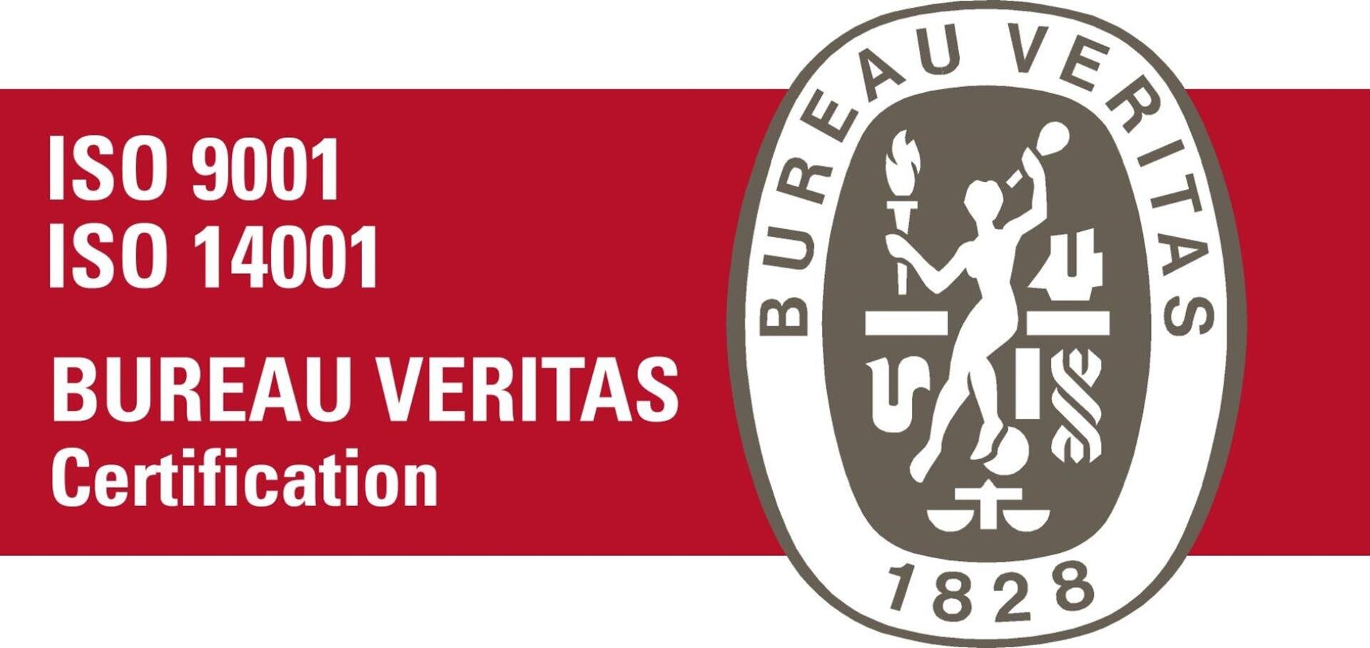 Rote und weiße Grafik mit dem Logo von Bureau Veritas. Der Text lautet: ISO 9001, ISO 14001, BUREAU VERITAS Zertifizierung. Das Logo zeigt eine klassische Figur und den Text BUREAU VERITAS 1828.
