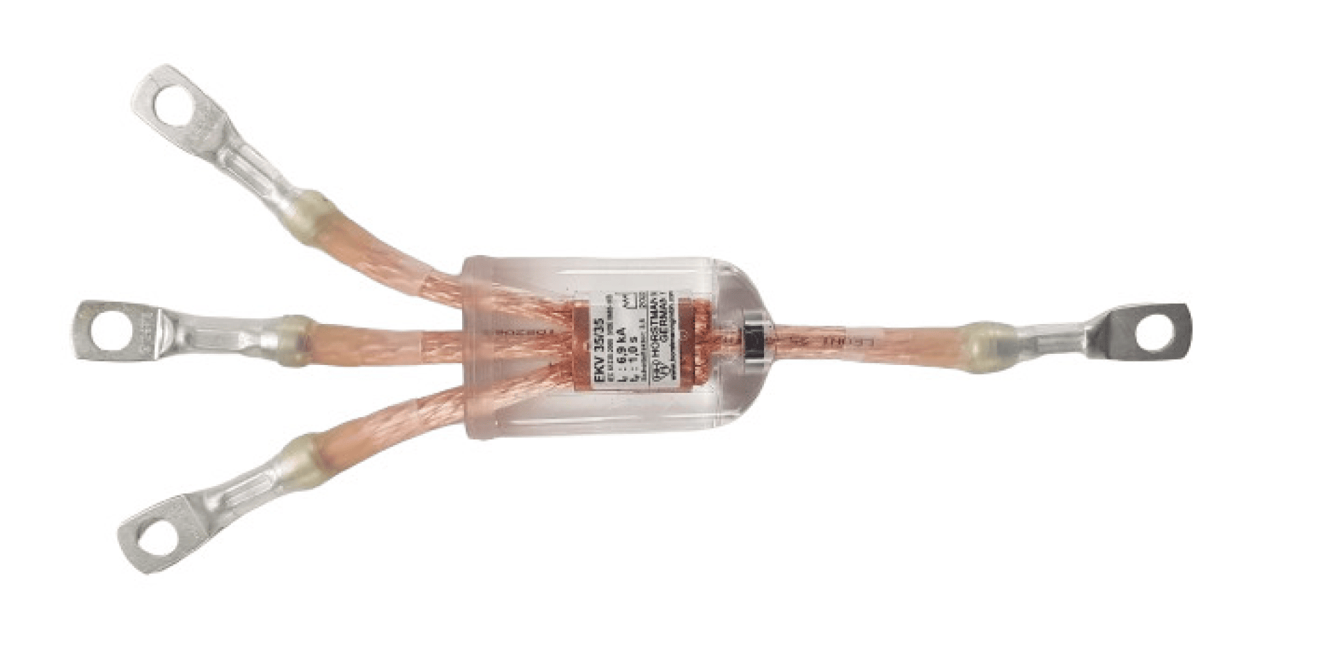 Eine Nahaufnahme einer elektrischen Sicherung mit vier kupferumflochtenen Drahtanschlüssen, zwei auf jeder Seite, die an einem zentralen weißen Keramik- oder Kunststoffkörper mit einem Etikett mit technischen Daten befestigt sind.