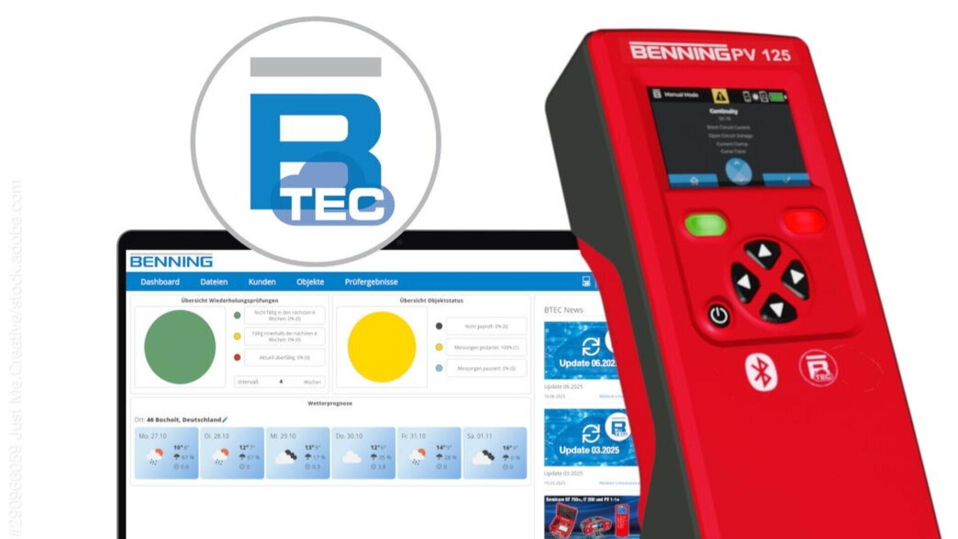 A red Benning PV 1-25 device is shown in front of a laptop screen displaying data dashboards, next to a circular BTEC logo with a blue “B” and the word “TEC” inside.