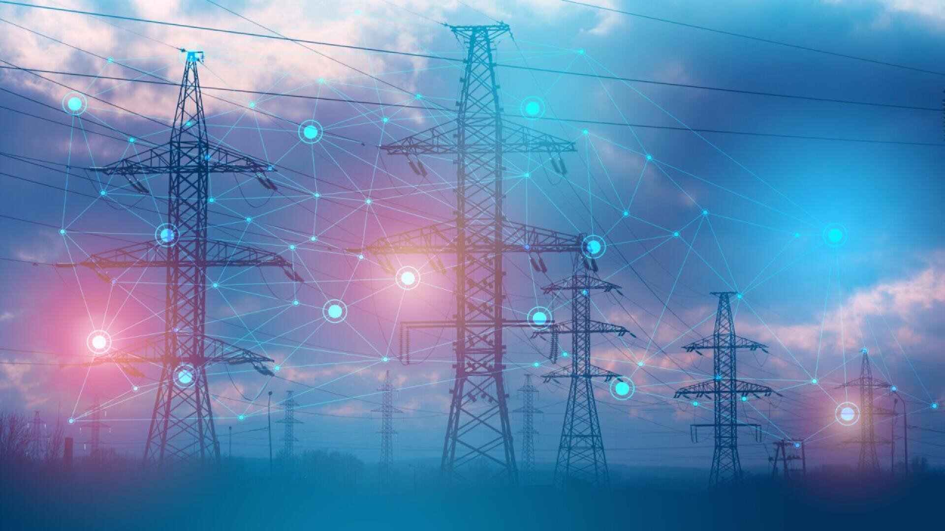 Several electrical transmission towers stand against a cloudy sky, overlaid with blue digital network graphics, symbolizing smart grid technology and connected energy infrastructure.