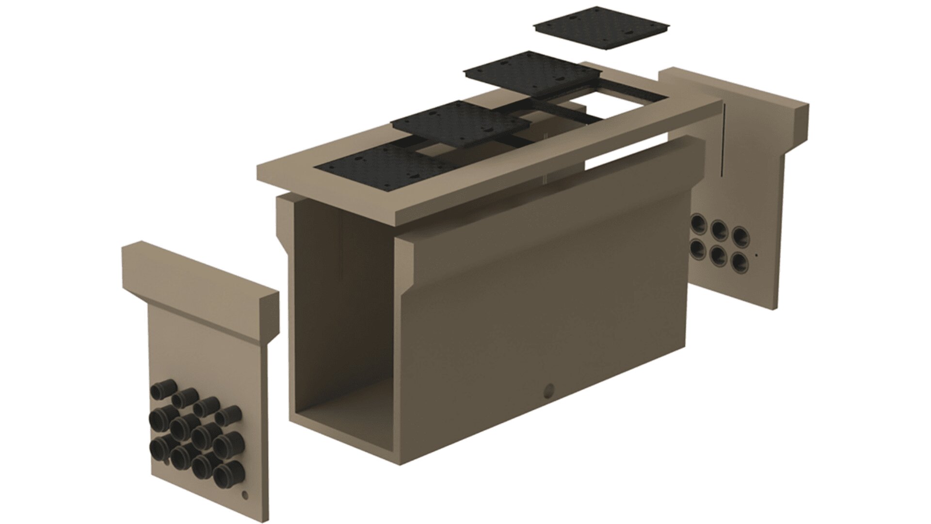 3D rendering of a tan rectangular enclosure with black grommet plates, shown in an exploded view with removable sides and plates, revealing internal structure and cable entry points.