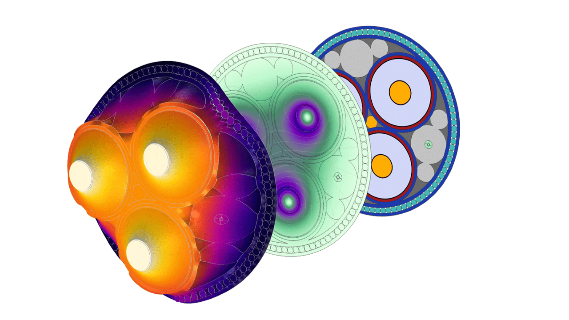 Three overlapping circular diagrams with colorful, gradient overlays and intricate patterns, illustrating abstract or scientific concepts with bright glowing nodes and various geometric shapes inside each circle.