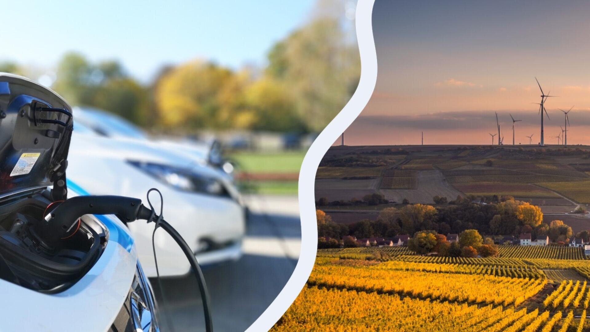 Geteiltes Bild: Links lädt ein Elektroauto auf einem Parkplatz auf, im Hintergrund sind andere Fahrzeuge zu sehen; rechts ist eine ländliche Landschaft mit Windrädern und Feldern bei Sonnenuntergang zu sehen.