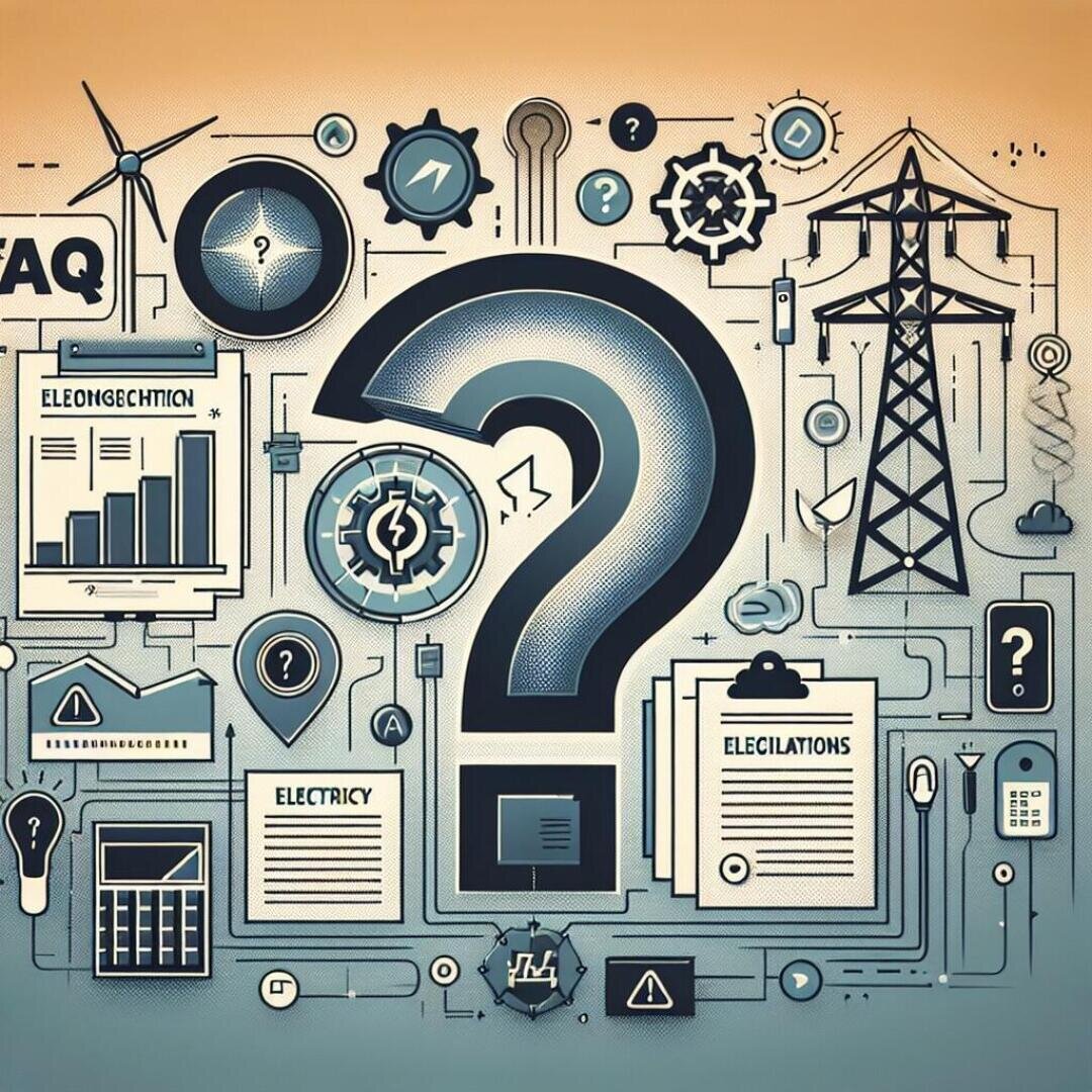 Illustration eines großen Fragezeichens, umgeben von Symbolen und Dokumenten im Zusammenhang mit Elektrizität, Energie, Diagrammen, Zahnrädern, Stromleitungen und FAQ-Symbolen, die auf Fragen oder Verwirrung über Elektrizität und Energiethemen hinweisen.