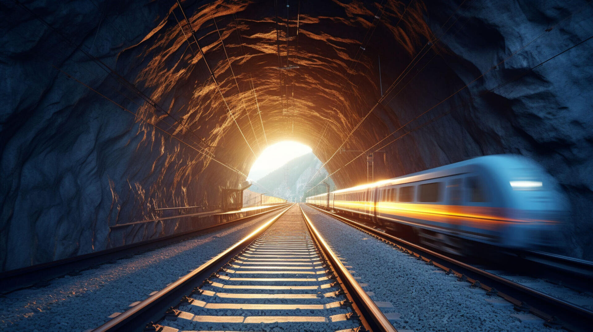 Ein rasender Zug fährt in einen felsigen Tunnel ein, an dessen Ende helles Sonnenlicht die Gleise und das Innere des Tunnels erhellt.