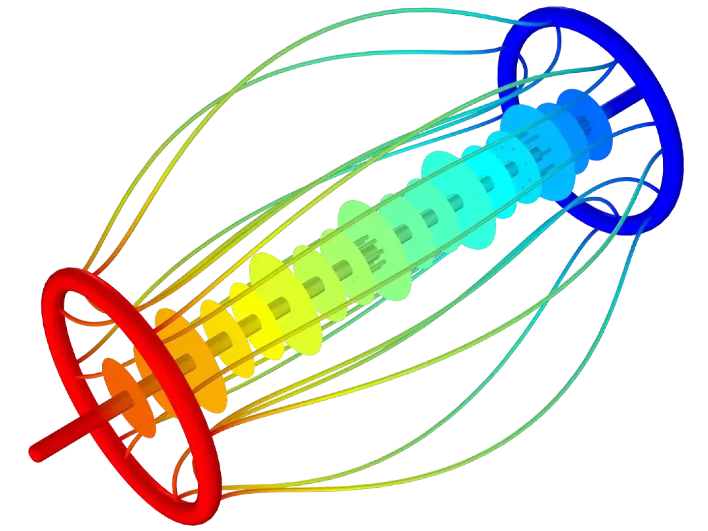Ein farbenfrohes, computergeneriertes 3D-Modell eines linearen Objekts mit konzentrischen Ringen und geschwungenen Linien, deren Farbe von Rot an einem Ende über Gelb und Grün bis hin zu Blau am anderen Ende reicht.