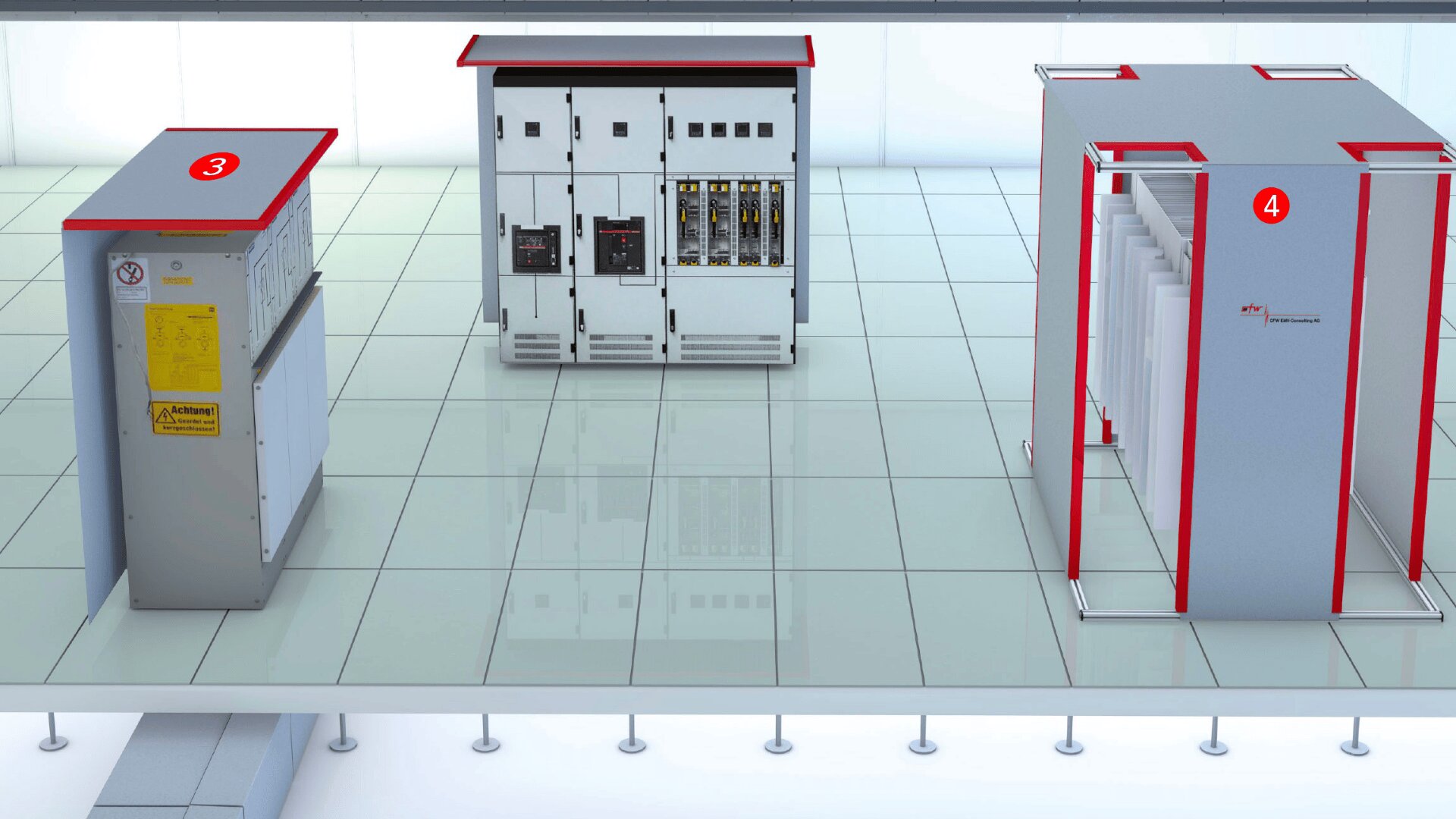 In einem gut beleuchteten Raum stehen drei Industrie-Elektroschränke mit den Nummern 3 und 4 auf einem glänzenden Fliesenboden, wobei der mittlere Schrank mit sichtbaren Schaltern und Reglern versehen ist.