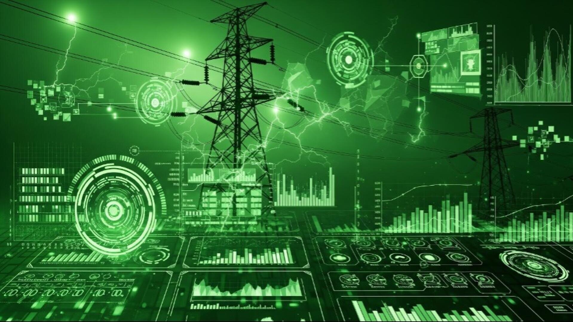 Eine digitale Illustration eines Stromübertragungsmastes, umgeben von futuristischen Datenschnittstellen, Diagrammen und Grafiken, alles in Grüntönen, die intelligentes Energiemanagement und fortschrittliche Technologie in der Energiebranche symbolisieren.