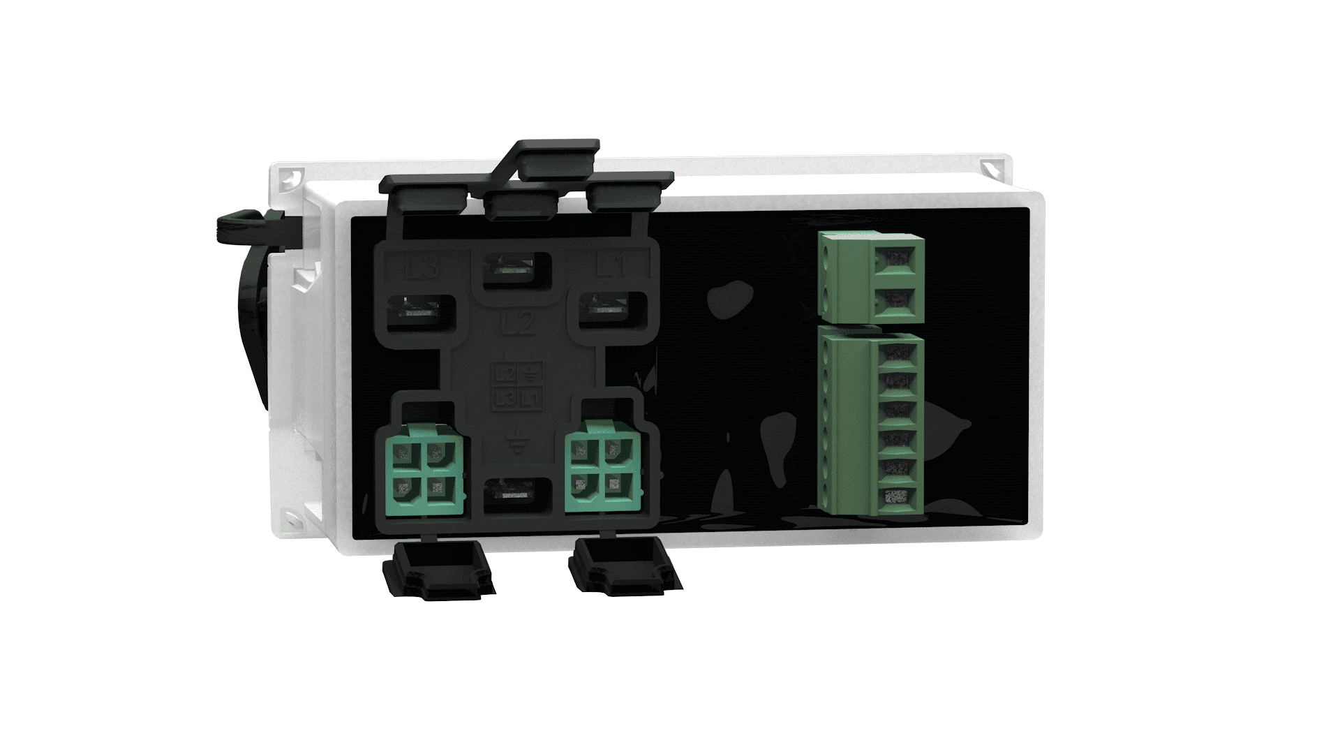 Nahaufnahme eines elektronischen Anschlussmoduls mit mehreren schwarzen und grünen Anschlüssen auf einem rechteckigen weißen Rahmen.
