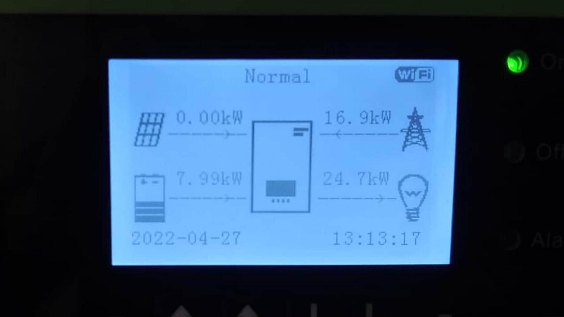 Eine Digitalanzeige zeigt die Energiewerte an: Solarmodul 0,00 kW, Netz 16,9 kW, Batterie 7,99 kW, Last 24,7 kW. Das Datum ist 2022-04-27, und die Uhrzeit ist 13:13:17. Ein WiFi-Symbol ist sichtbar.