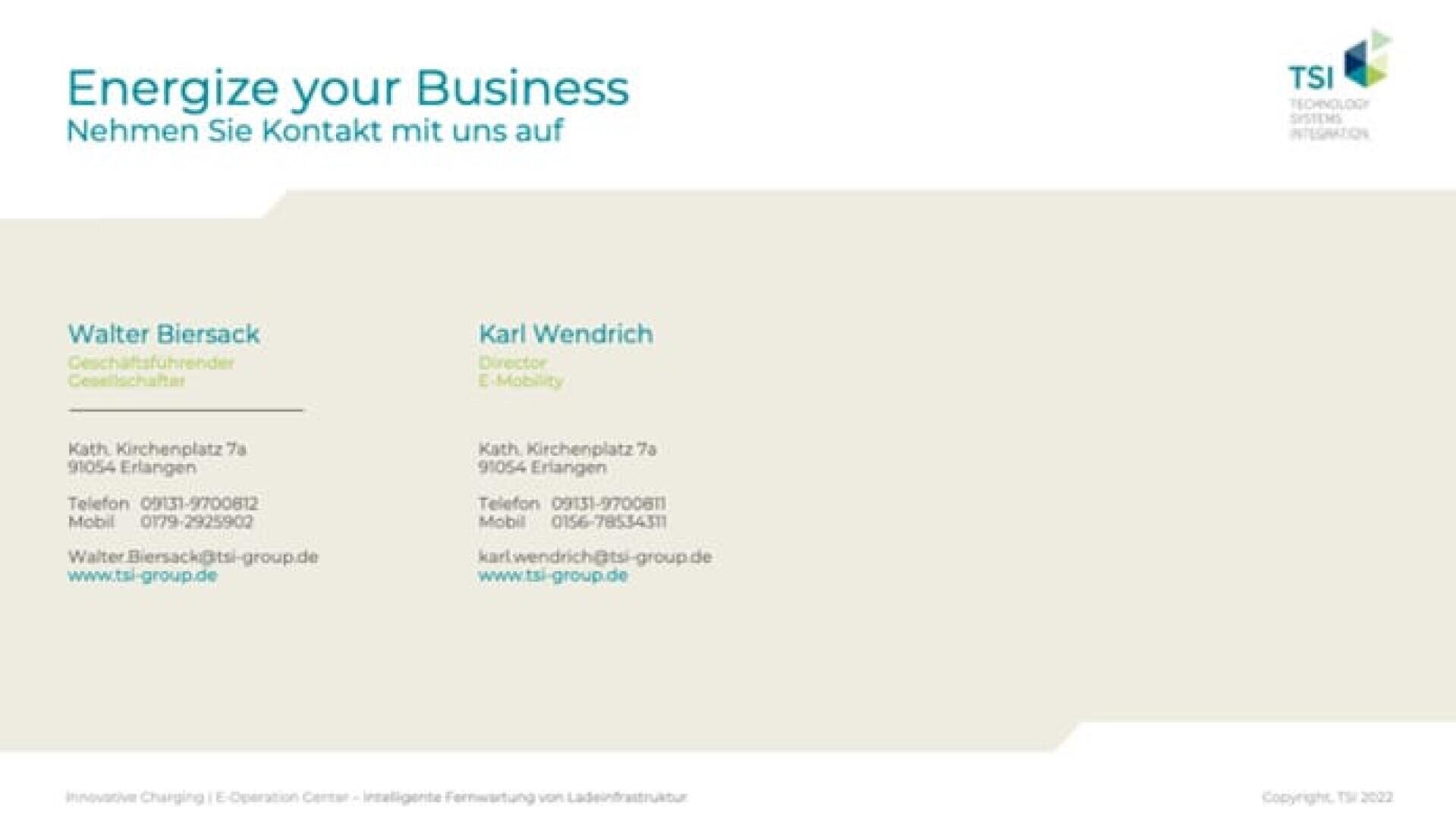 Eine Geschäftskontaktkarte für die TSI Technology Group enthält Namen, Titel, Adressen, Telefonnummern und E-Mail-Adressen von Walter Biersack und Karl Wendrich sowie das Firmenlogo und einen deutsch/englischen Text.