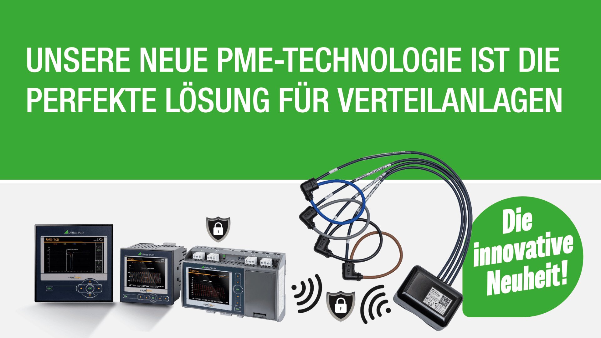 Grünes und weißes Banner mit deutschem Text, der für eine neue PME-Technologie für Verteilersysteme wirbt. Unter dem Text sind Bilder von elektronischen Geräten, Kabeln und eine grüne Plakette mit der Aufschrift Die innovative Neuheit! zu sehen.