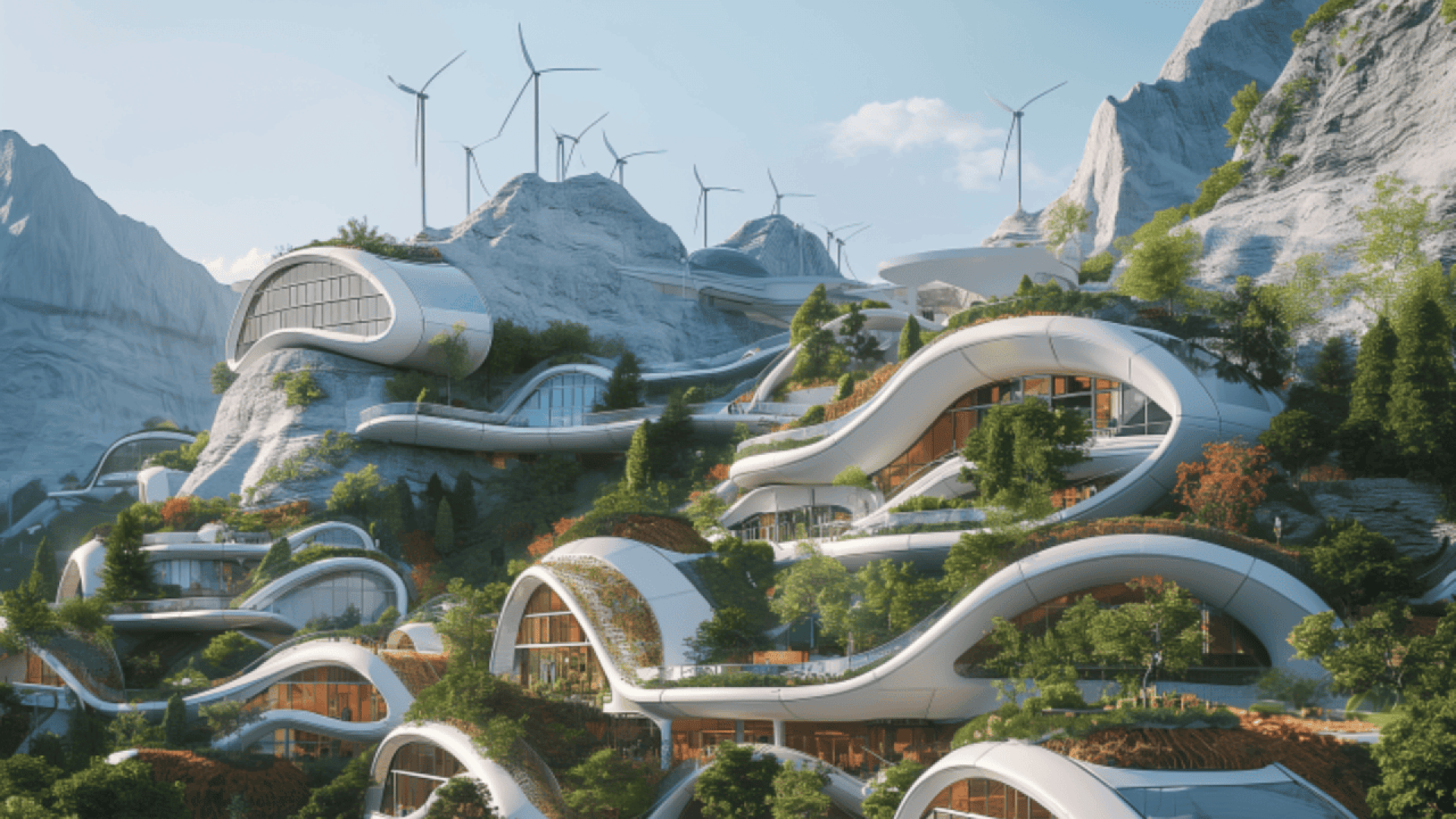 Futuristic eco-friendly buildings with curved, white structures blend into a lush, green mountainside. Wind turbines line the mountaintops in the background, emphasizing sustainable energy and architecture.