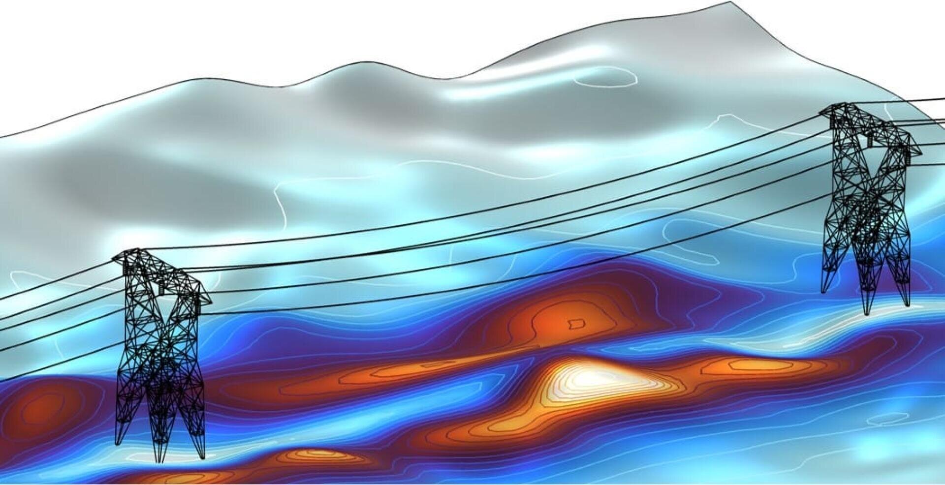 Illustration von zwei Stromübertragungsmasten mit Leitungen, die eine farbige, geschichtete Karte mit Topografie und unterirdischen Merkmalen kreuzen, die möglicherweise eine elektromagnetische oder geophysikalische Datenanalyse darstellt.