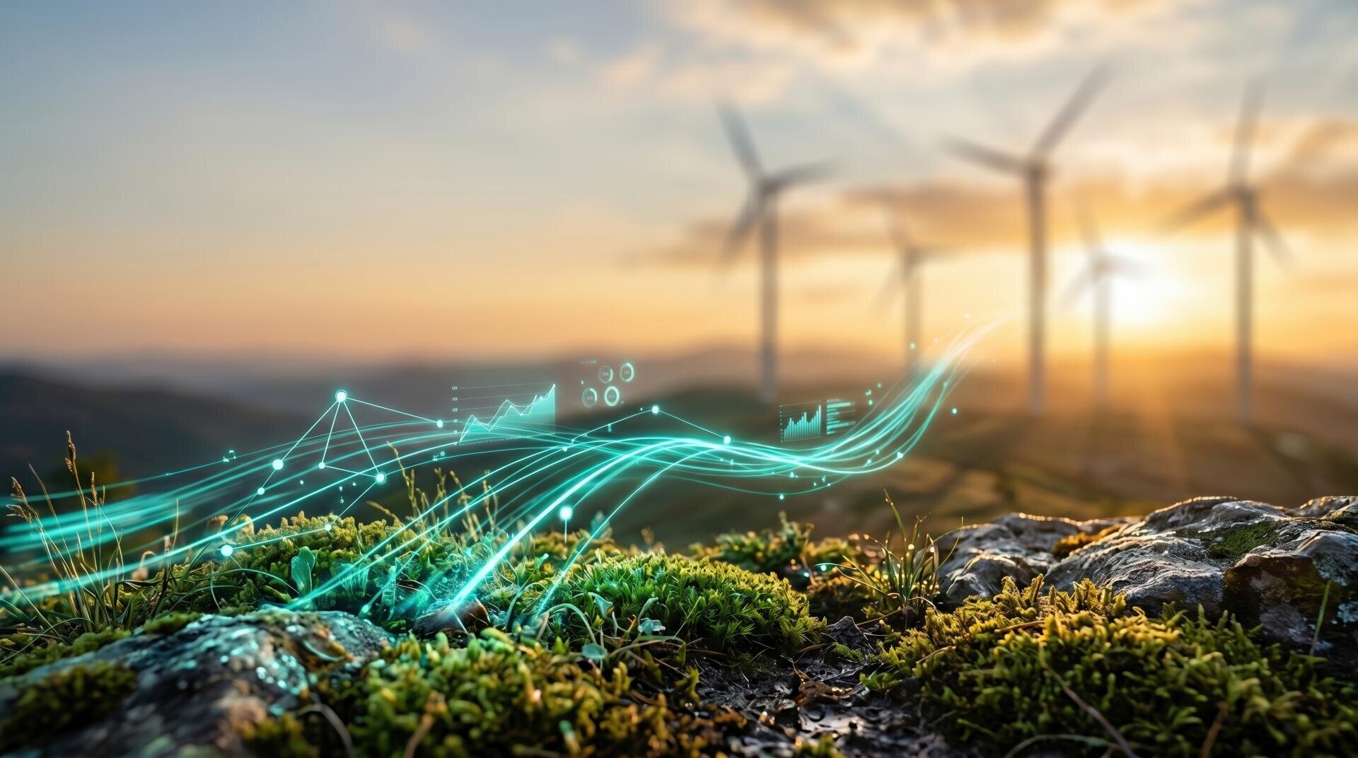 Wind turbines stand in a field at sunset, with lush green moss and rocks in the foreground. Digital power lines and data graphics run across the image, symbolizing renewable energy and technology.