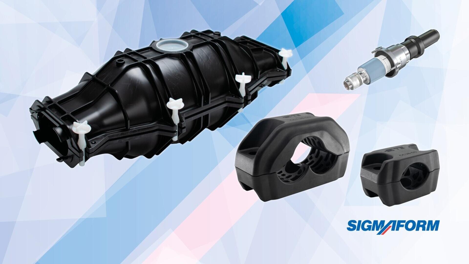 A black automotive intake manifold, two black plastic mounting brackets, and a spark plug are displayed on a blue geometric background with the SIGMAFORM logo in the bottom right corner.
