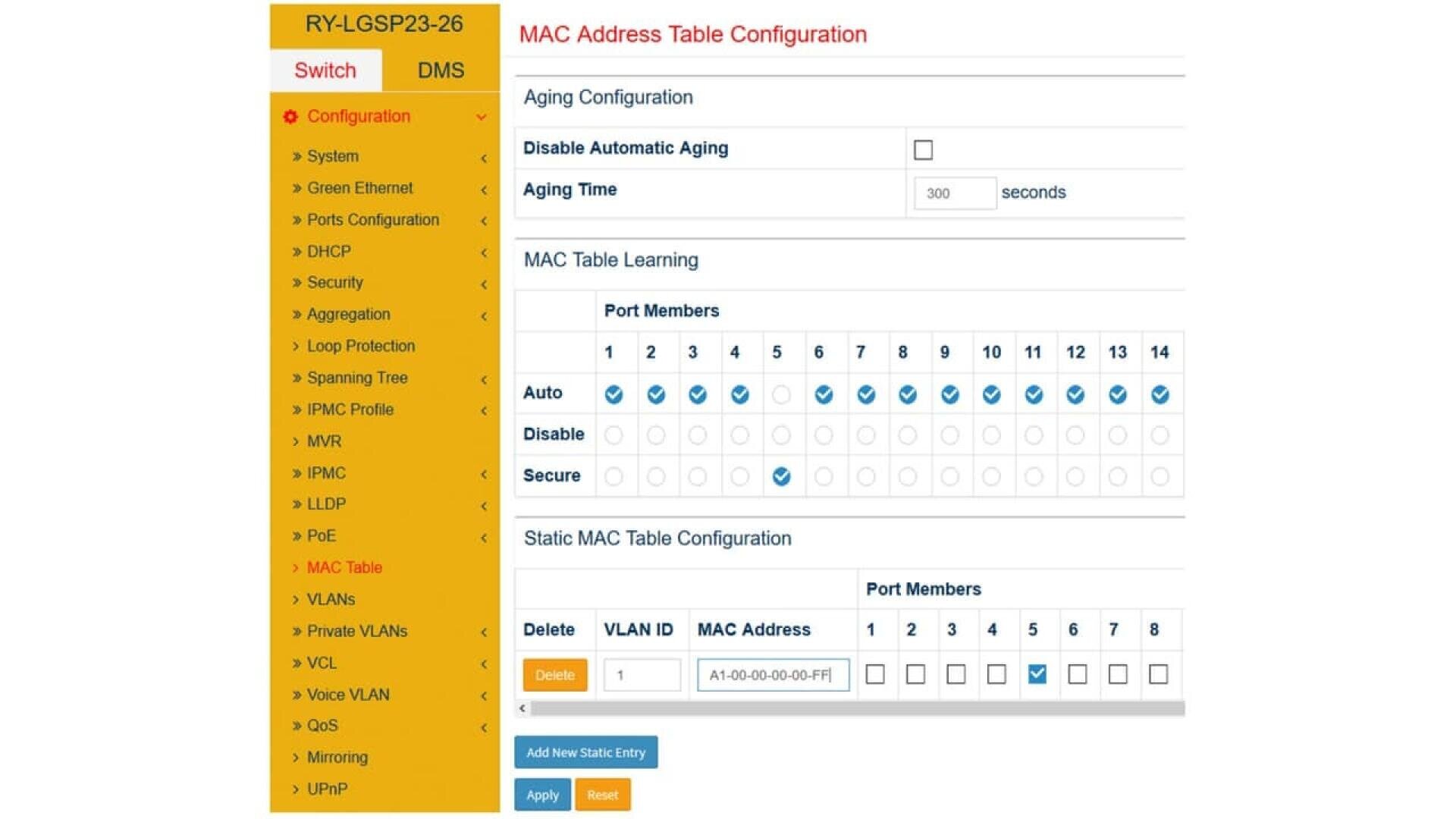 Screenshot of a network switch web interface showing the MAC address table configuration page, with options for aging, table learning modes (auto, disable, secure), VLAN ID, MAC address entry, and port member selection.