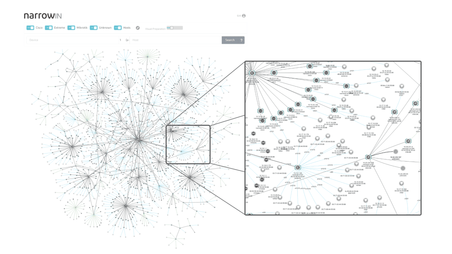 A network visualization showing interconnected nodes in a web-like pattern on the left, with a zoomed-in section on the right highlighting detailed connections between individual nodes and labels.