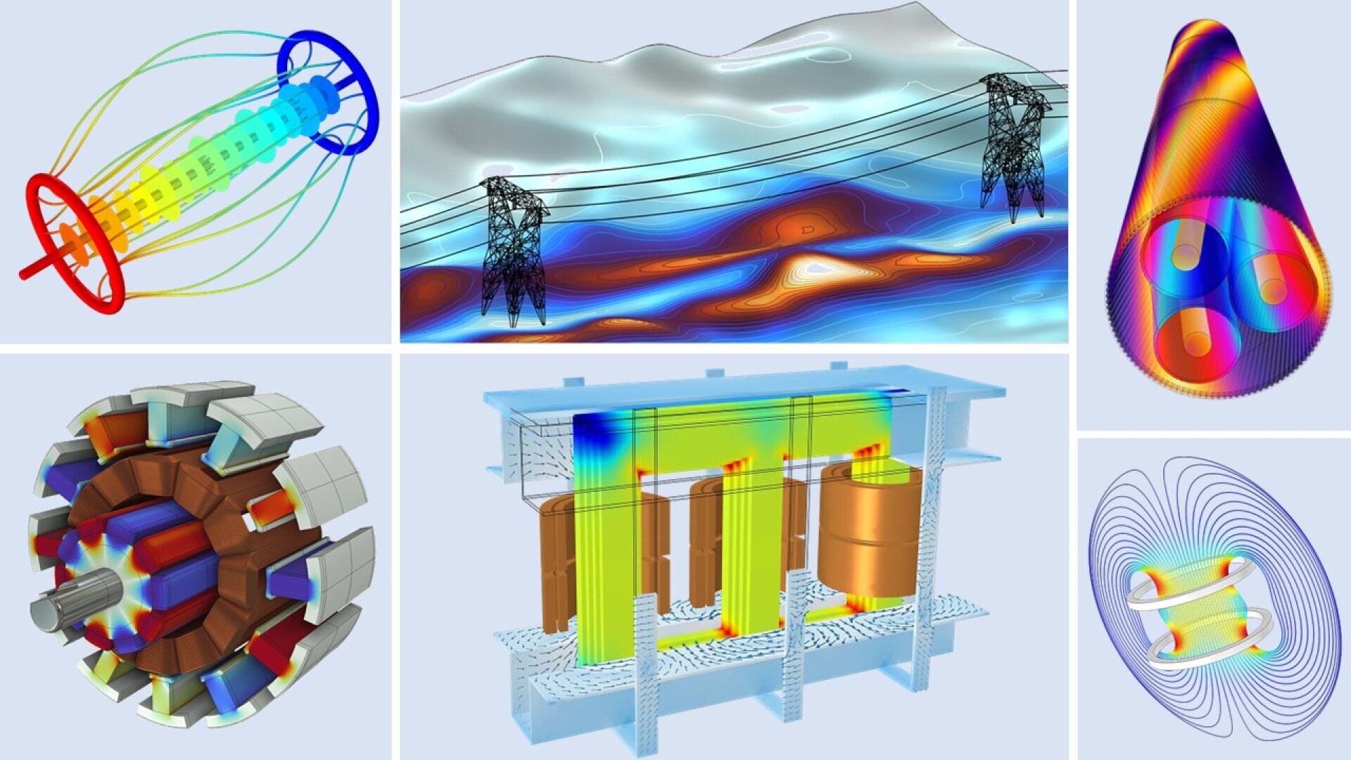Eine Collage mit technischen Simulationen, darunter elektrische Felder um Geräte, Stromleitungen im Gelände, ein Motorquerschnitt, ein Transformator und elektromagnetische Felddiagramme mit farbigen Gradientenüberlagerungen.