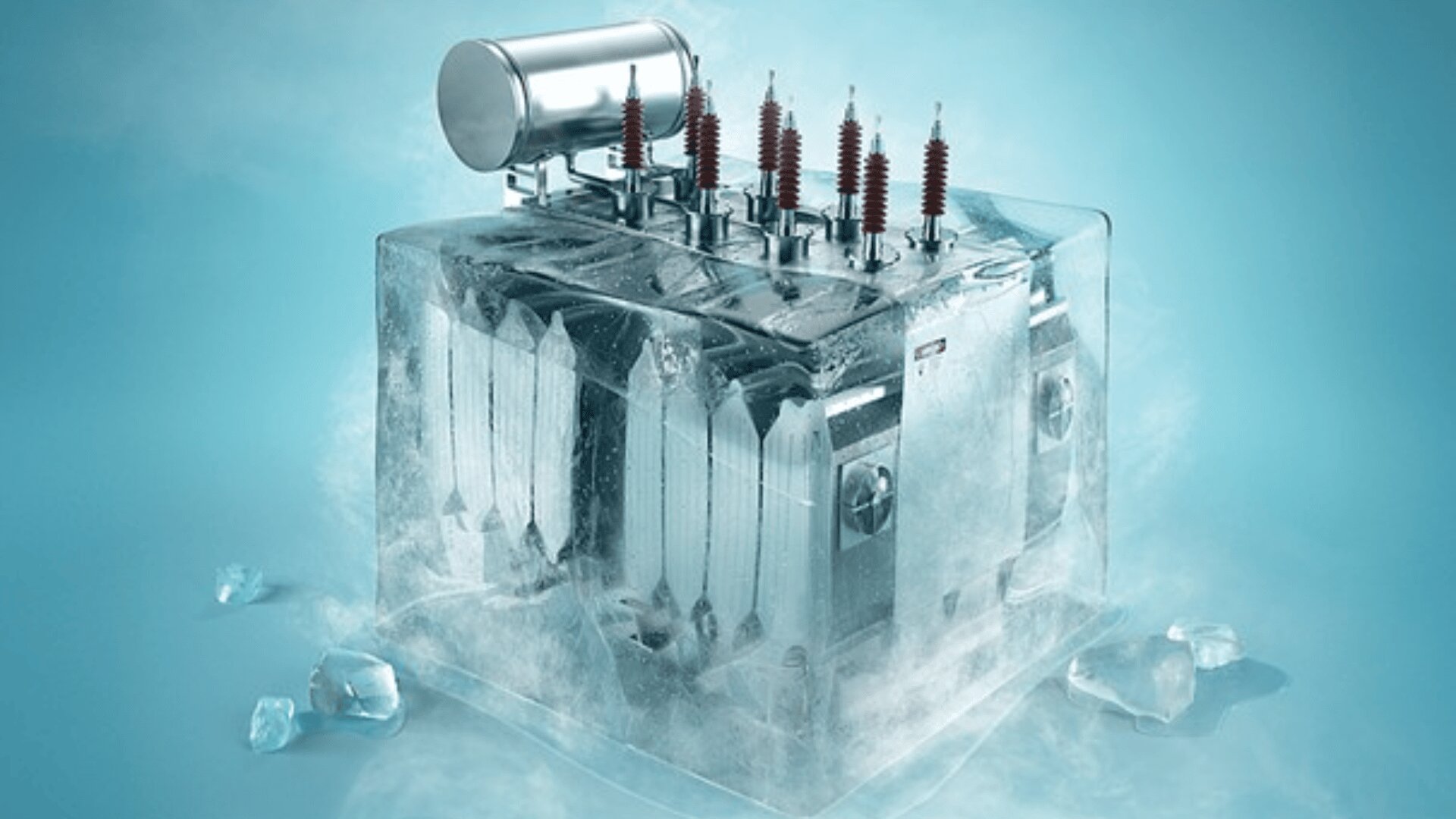 A large industrial electrical transformer is encased in a transparent block of ice, with frost and small ice pieces around it, set against a blue background.