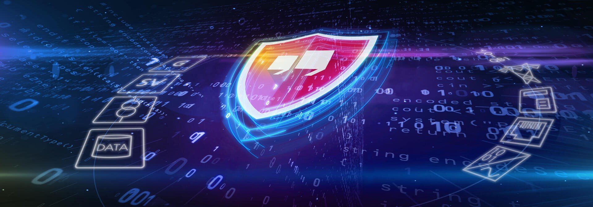 Ein leuchtendes digitales Schild mit Zitaten in der Mitte ist von schwebenden Symbolen, binärem Code und Datensymbolen umgeben und steht für Cybersicherheit und Datenschutz in einer virtuellen Umgebung.