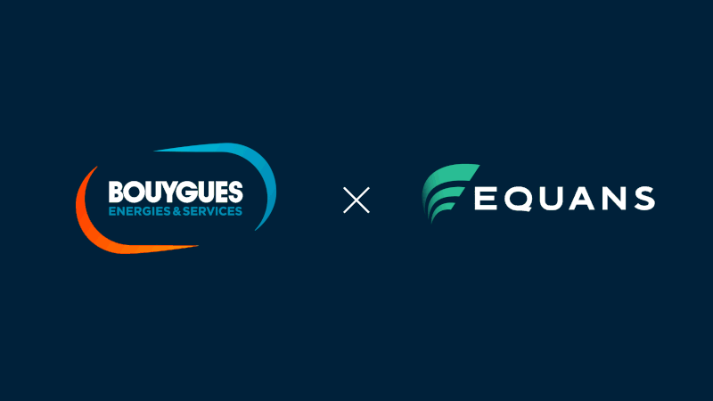 Logos of Bouygues Energies & Services and Equans appear side by side on a dark blue background, separated by a white x symbol, indicating a partnership or collaboration.