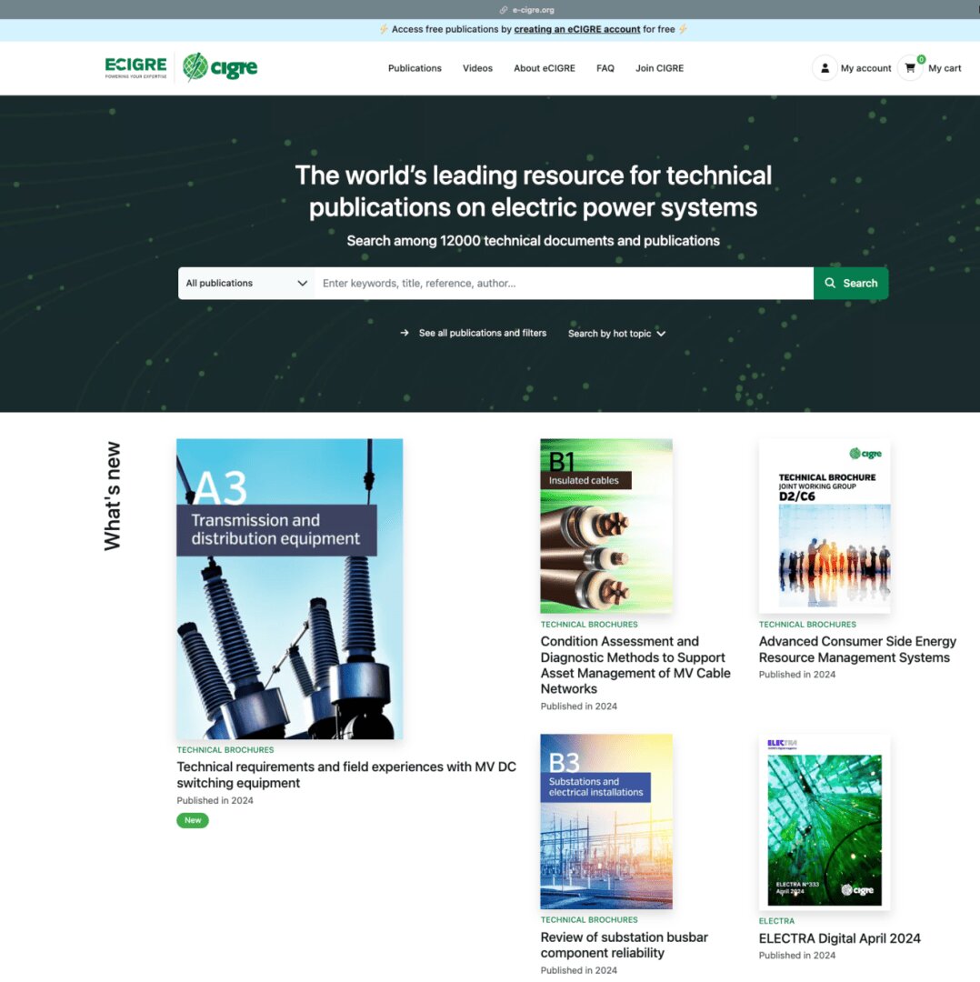 Screenshot of the CIGRÉ website homepage showing featured technical publications on electric power systems, a search bar, and a green header with logo and navigation options. Four publication covers are displayed prominently.