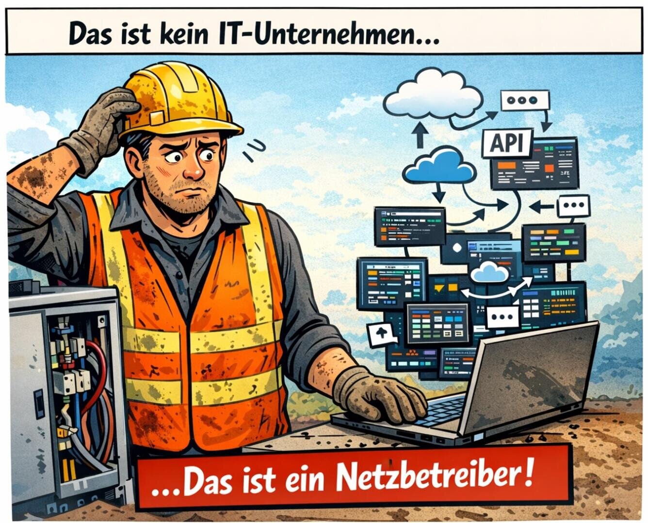 A construction worker in a safety vest and helmet looks confused at a laptop displaying cloud and network diagrams. At the top it says: "This is not an IT company...", at the bottom: "...This is a grid operator!".