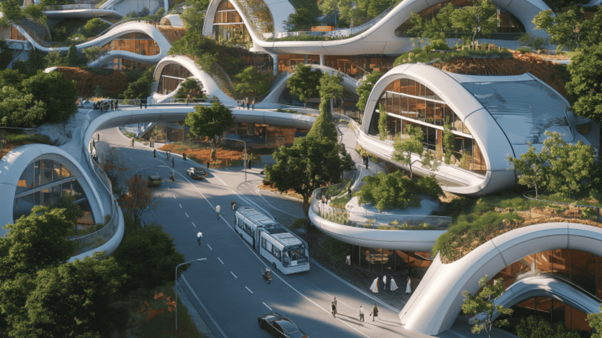A futuristic cityscape features curvy, modern buildings with green rooftops, lush plants, and trees. Pedestrians and a tram move along curving roads, blending urban life with sustainable architecture and nature.