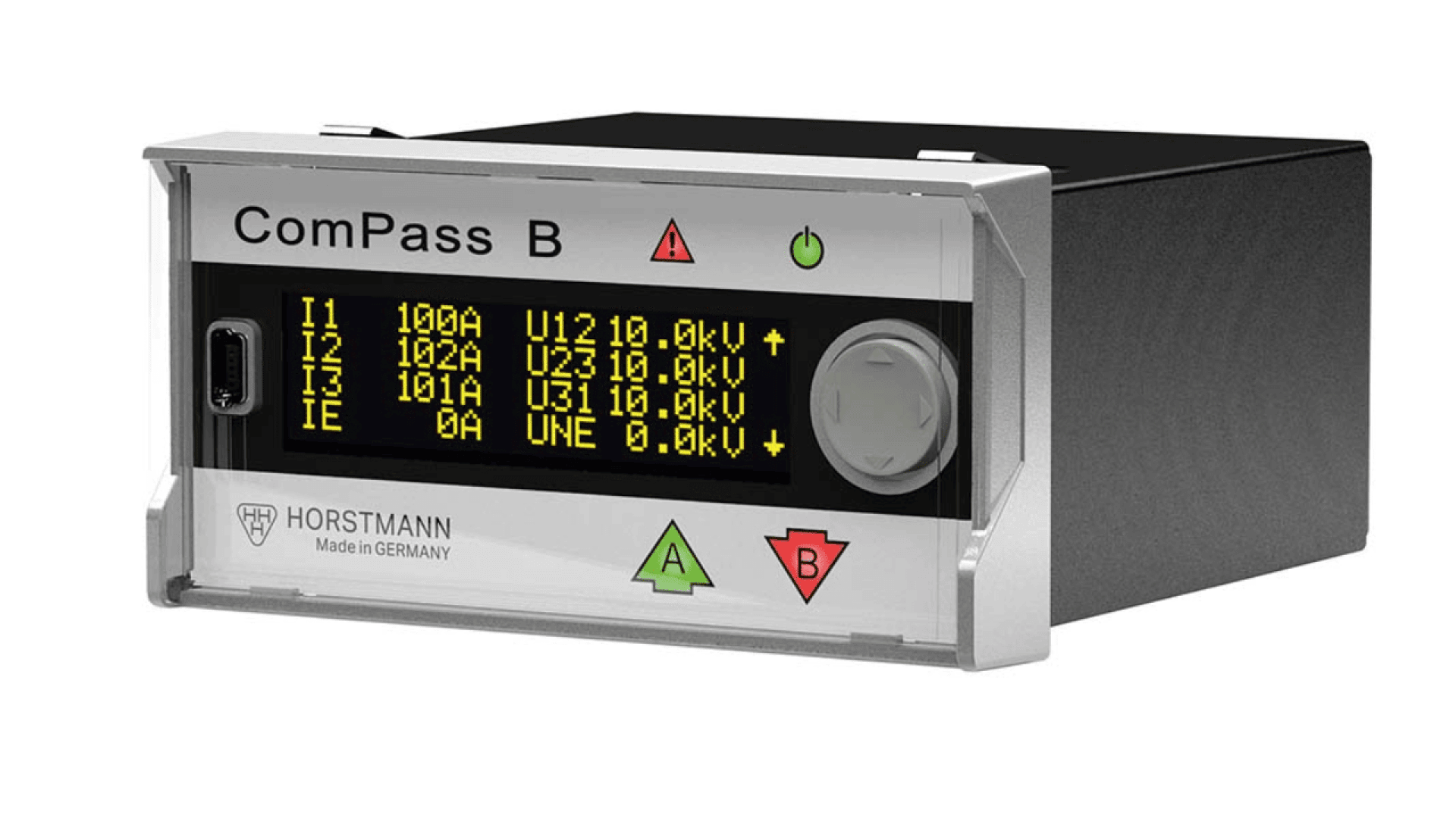 Ein rechteckiges elektronisches Gerät mit der Bezeichnung ComPass B mit einem digitalen Display, das elektrische Messwerte anzeigt, Bedientasten und dem Markennamen Horstmann Made in Germany auf der Frontplatte.