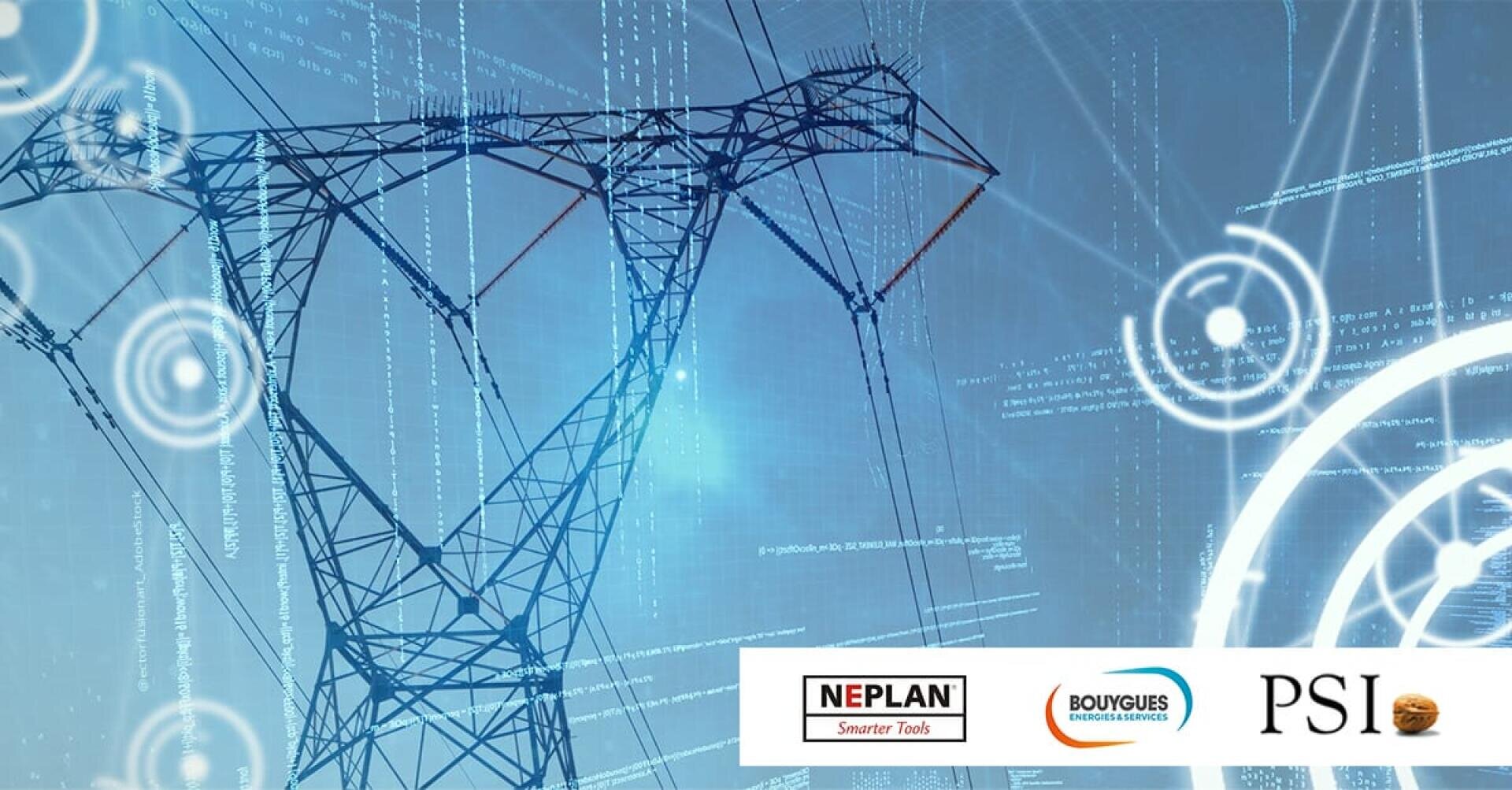 Digital illustration of an electricity transmission tower with data visualizations and network graphics in the background. Bottom right has NEPLAN, Bouygues Energies & Services, and PSI company logos.