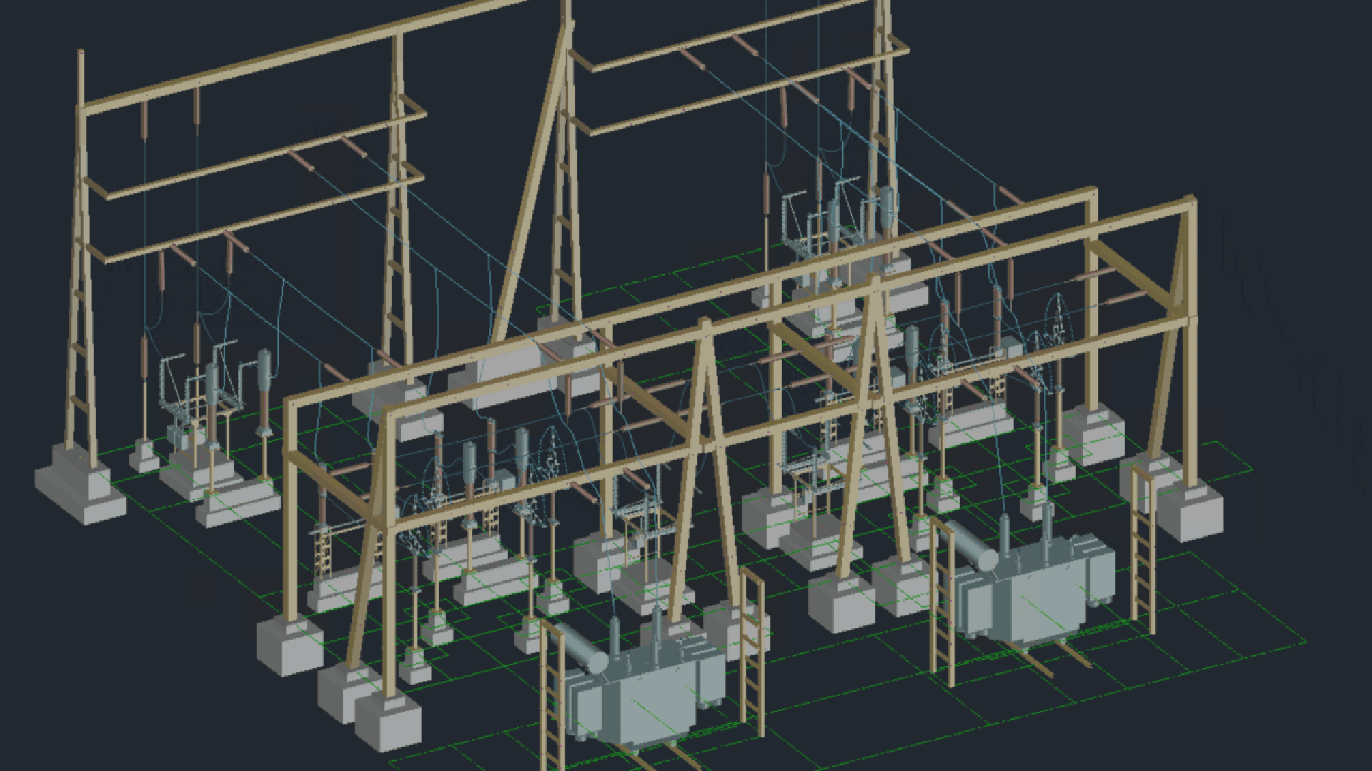 3D rendering of an electrical substation with transformers, circuit breakers, insulators, overhead wires, and supporting wooden structures on concrete bases. Green grid lines indicate base layout.