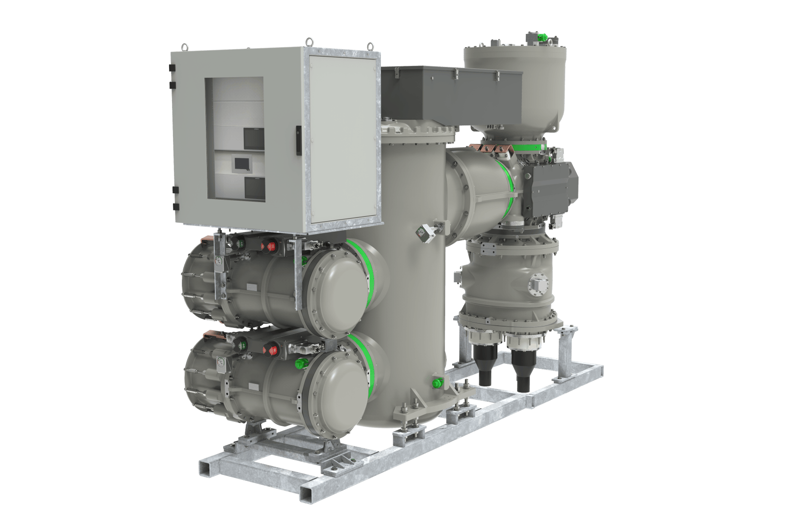 A large industrial electrical switchgear with a control box, several cylindrical components and a metal frame, all mounted on a metal base, against a plain white background.