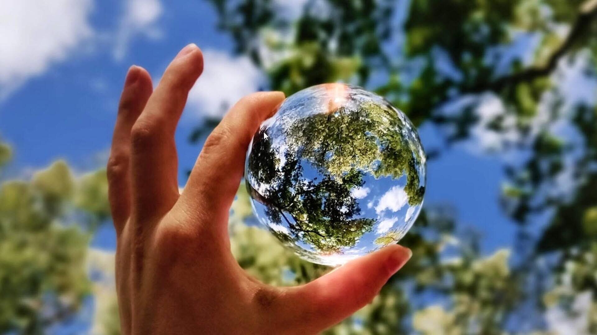 Eine Hand hält eine klare Glaskugel im Freien, in der sich ein umgekehrtes Bild von grünen Baumzweigen und einem blauen Himmel mit Wolken spiegelt. Der Hintergrund besteht aus verschwommenen Bäumen und Himmel.