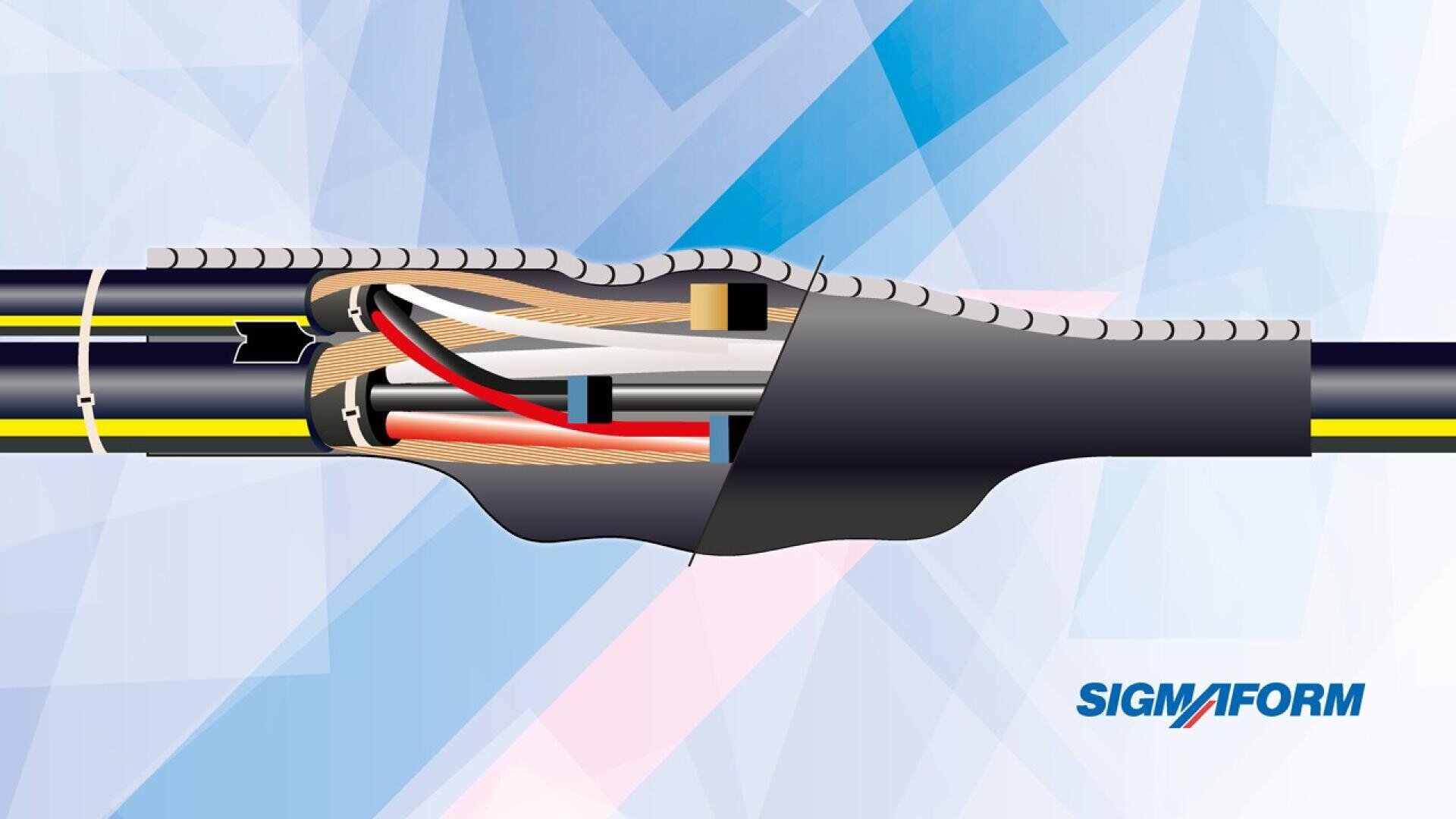 A cross-sectional illustration of a cable joint with exposed internal wires and insulation layers, showing protective casing. The background is geometric blue and pink, and the SIGMAFORM logo appears in the bottom right corner.