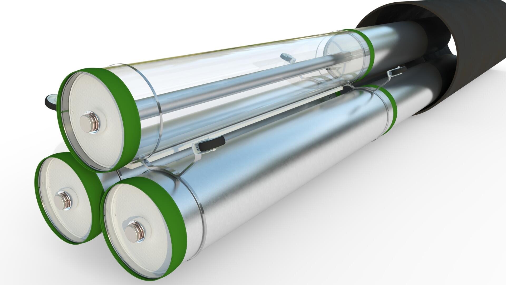 Four cylindrical metal and glass tubes with green-rimmed ends are bundled together, partially covered by a black sleeve, lying on a white surface. The tubes have visible internal rods and metallic connectors.
