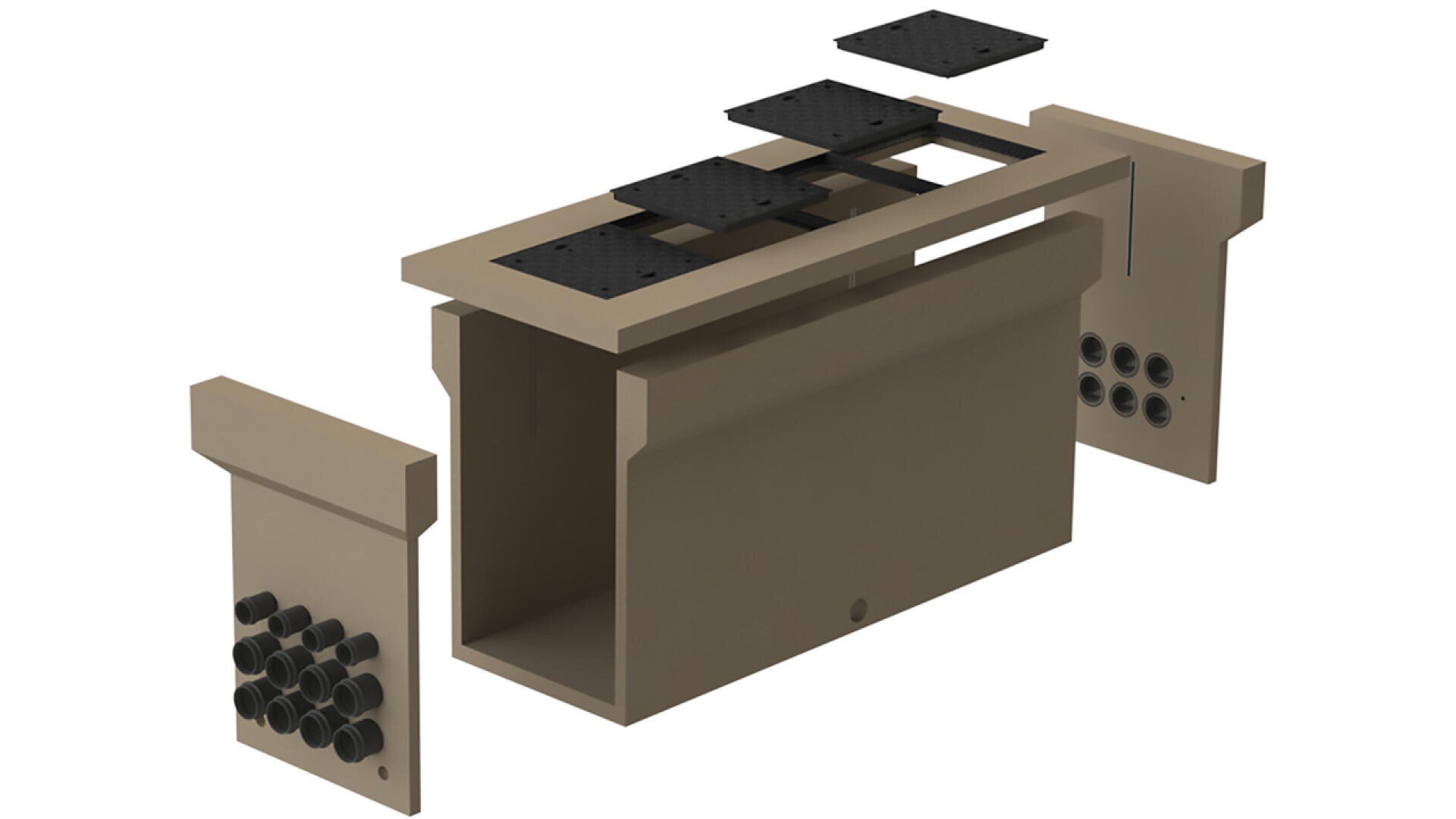 Eine 3D-Darstellung zeigt eine Explosionszeichnung eines rechteckigen mechanischen Gehäuses mit abnehmbaren schwarzen Platten auf der Oberseite und zwei Endplatten mit mehreren runden Öffnungen.