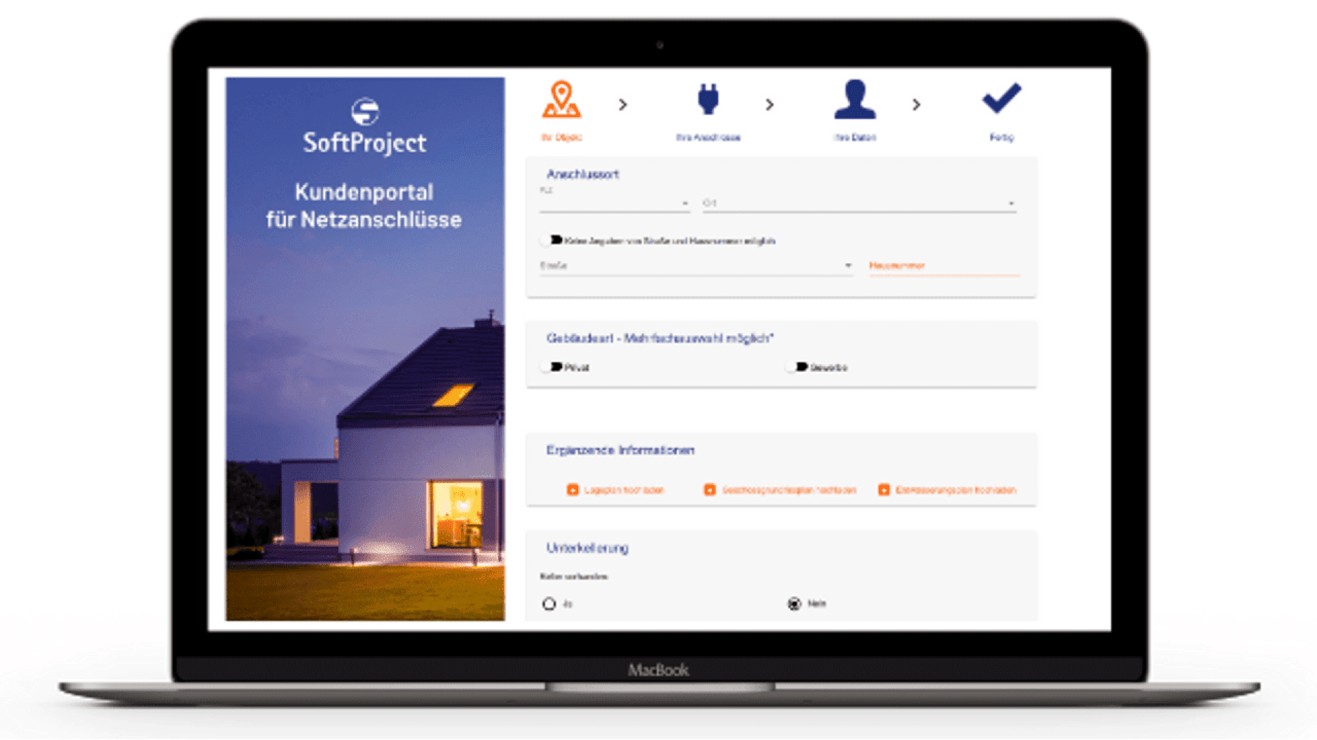A MacBook displays the SoftProject customer portal for network connections, showing a form in German with fields for address, building type, additional information, and status, alongside an image of a modern house at dusk.