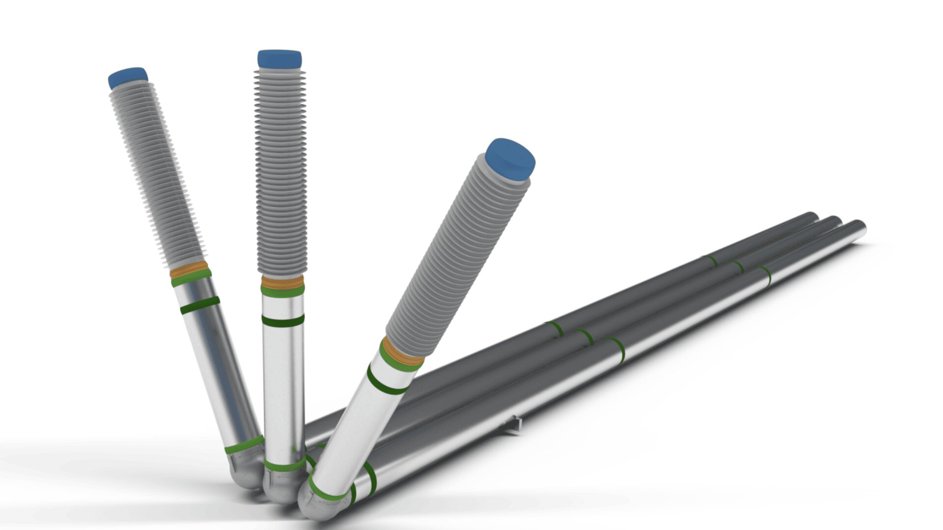 Five metallic dental implants with ridged screw threads, colored rings, and blue caps are shown at various angles on a white background, illustrating different implant positions or stages of placement.